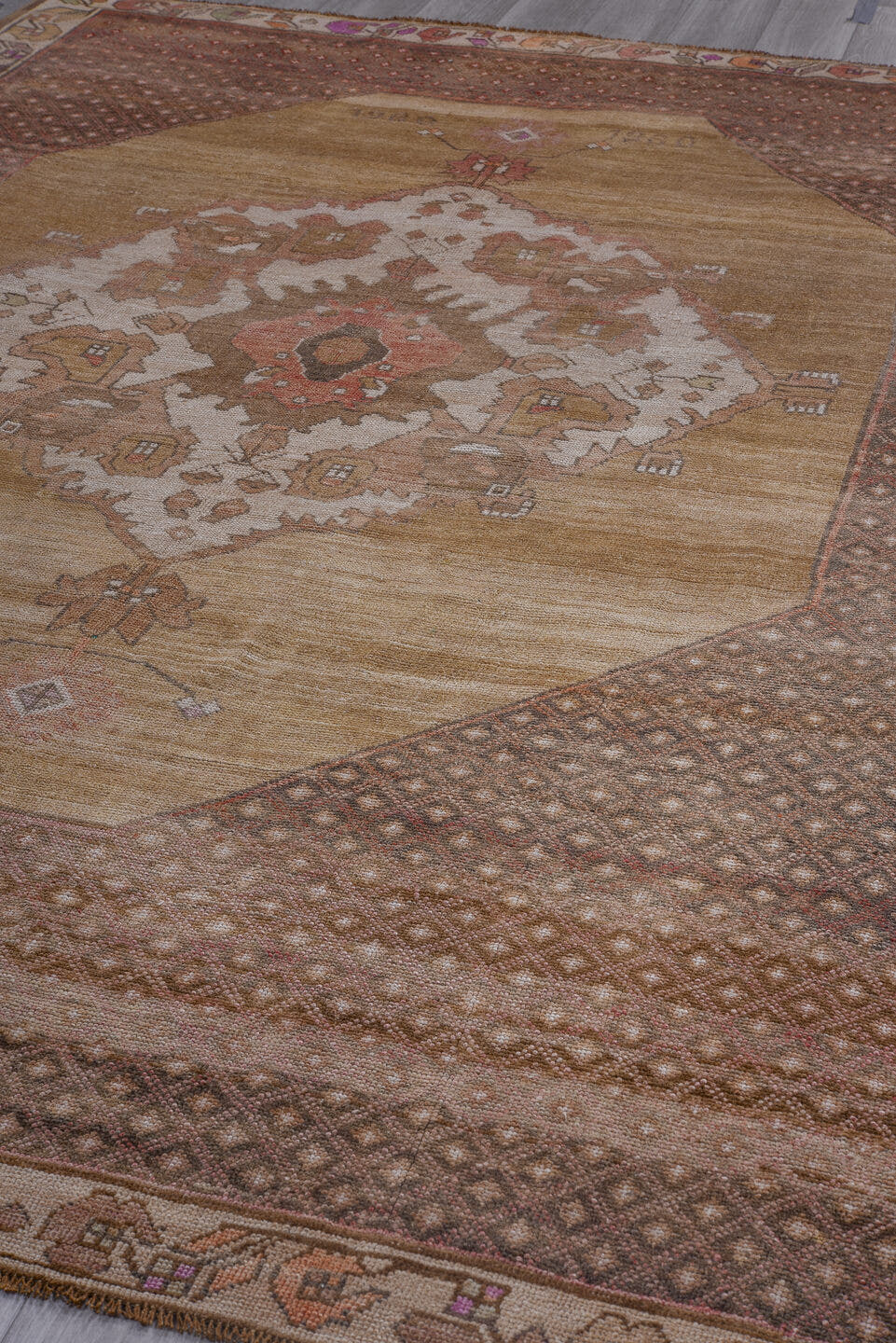 8' x 11' one-of-a-kind handmade antique large size rug. Color palette: camel, taupe, ivory, rose, rust, brown, lilac, beige
