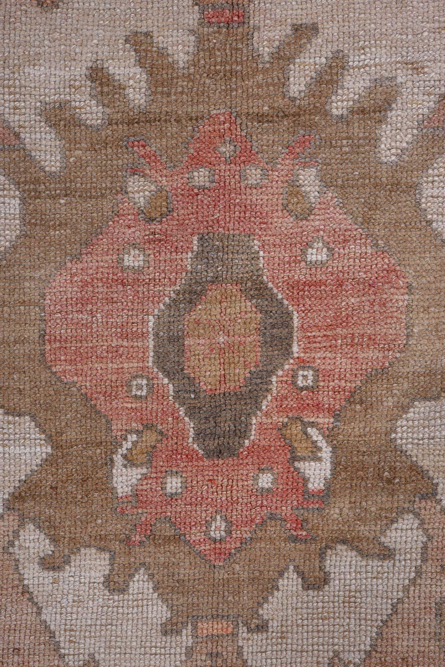 8' x 11' one-of-a-kind handmade antique large size rug. Color palette: camel, taupe, ivory, rose, rust, brown, lilac, beige