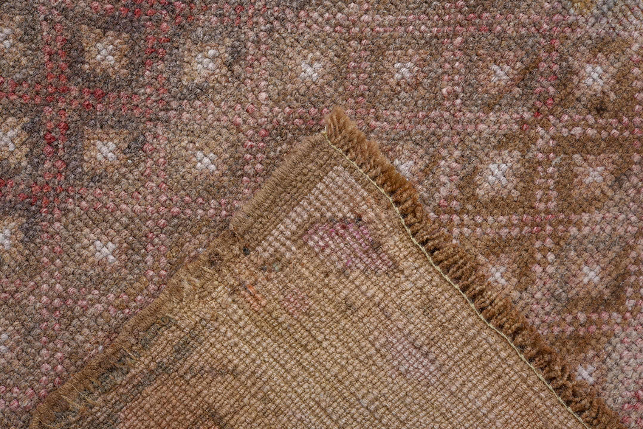 8' x 11' one-of-a-kind handmade antique large size rug. Color palette: camel, taupe, ivory, rose, rust, brown, lilac, beige