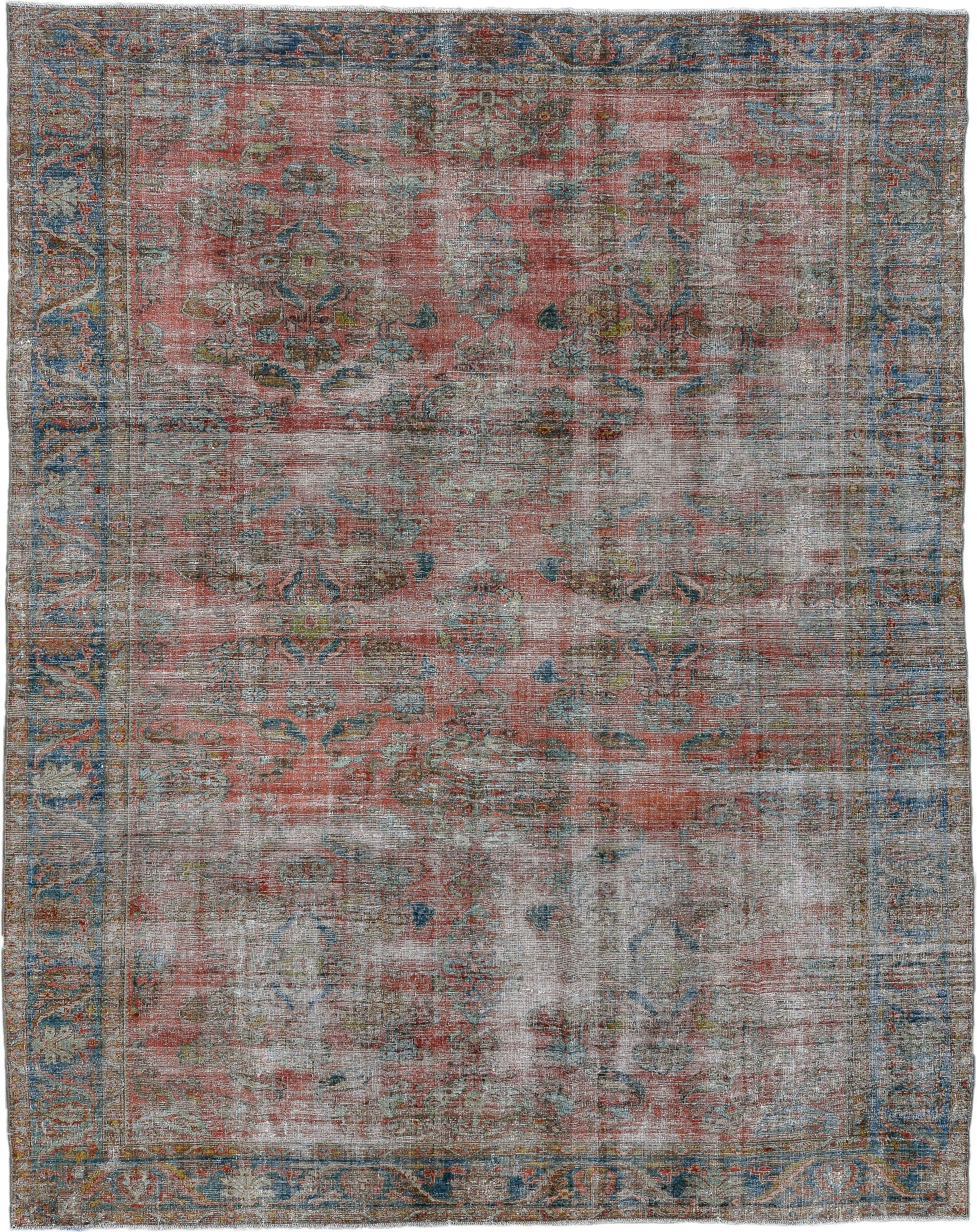 9' x 12' one-of-a-kind handmade antique large size rug. Color palette: rose, powder_blue, ivory, taupe, slate, sage, rust