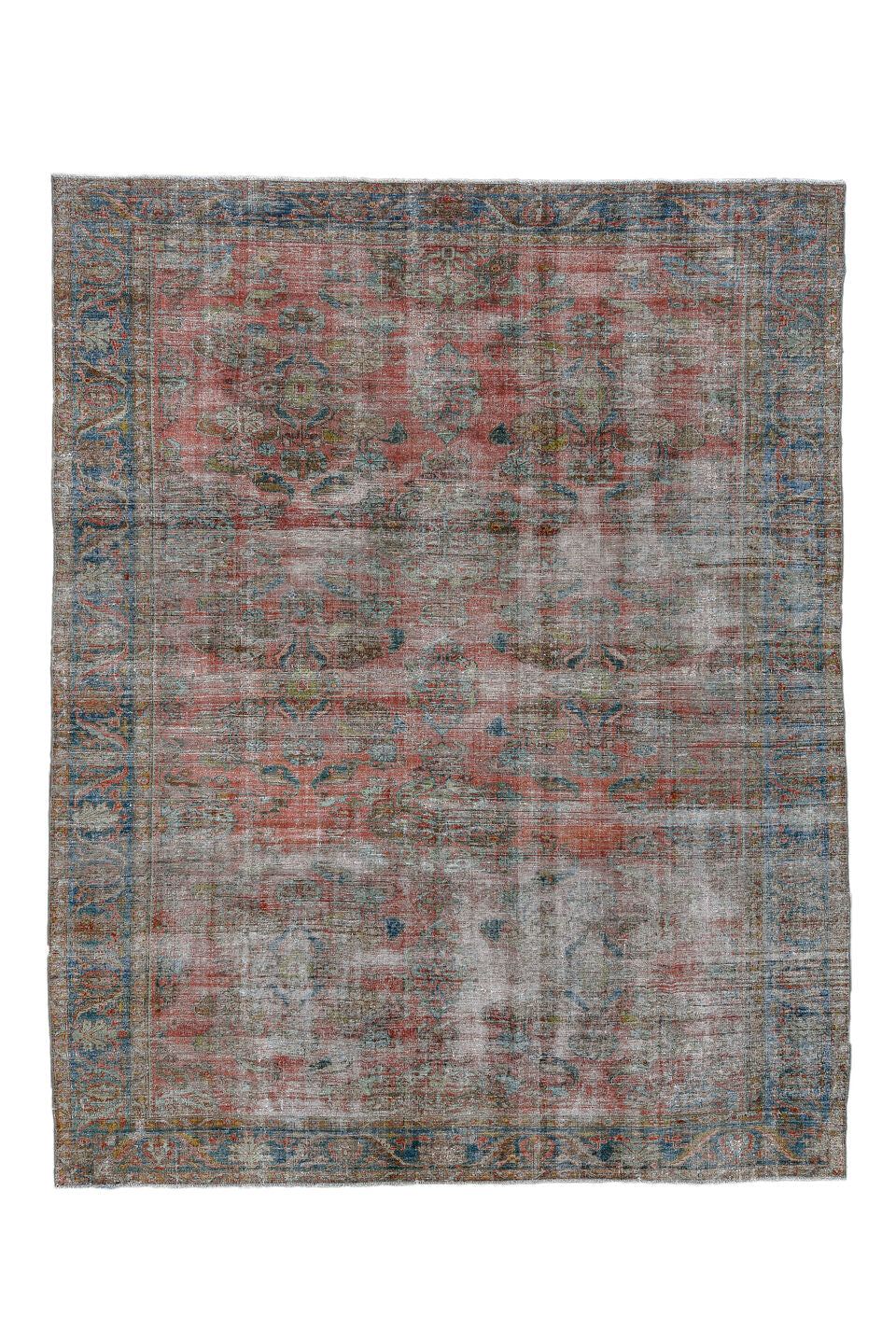 9' x 12' one-of-a-kind handmade antique large size rug. Color palette: rose, powder_blue, ivory, taupe, slate, sage, rust