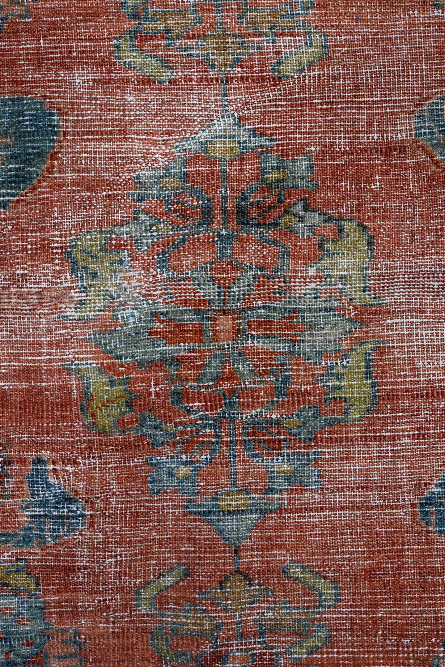 9' x 12' one-of-a-kind handmade antique large size rug. Color palette: rose, powder_blue, ivory, taupe, slate, sage, rust