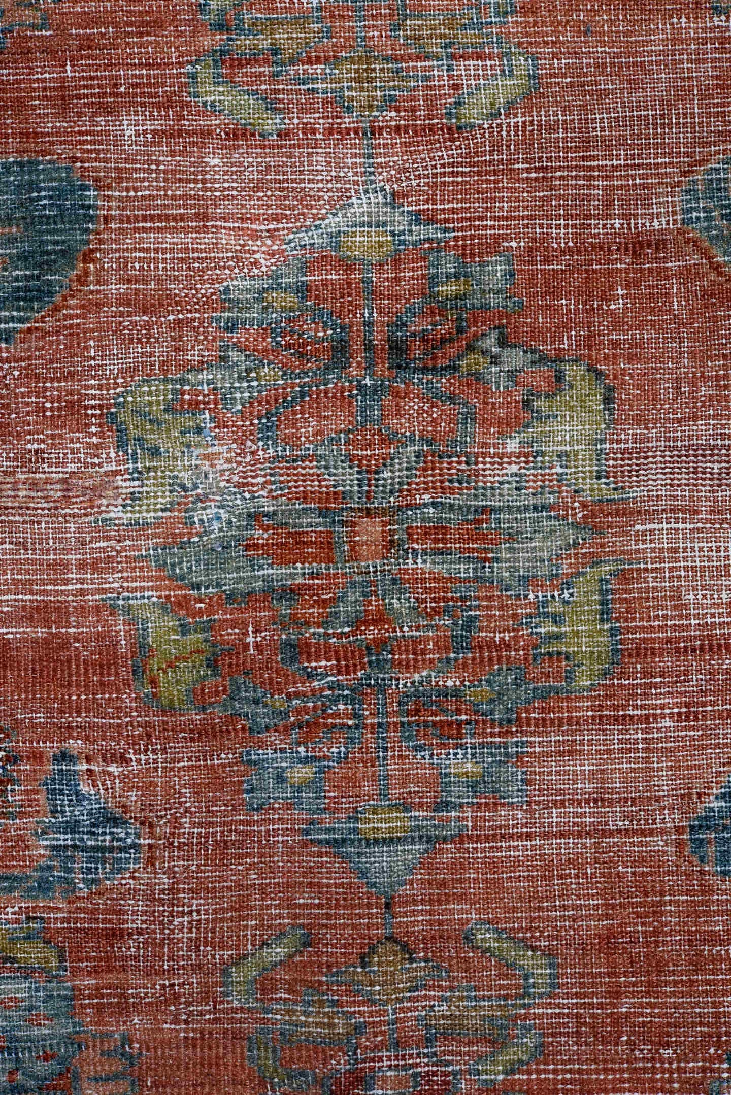 9' x 12' one-of-a-kind handmade antique large size rug. Color palette: rose, powder_blue, ivory, taupe, slate, sage, rust