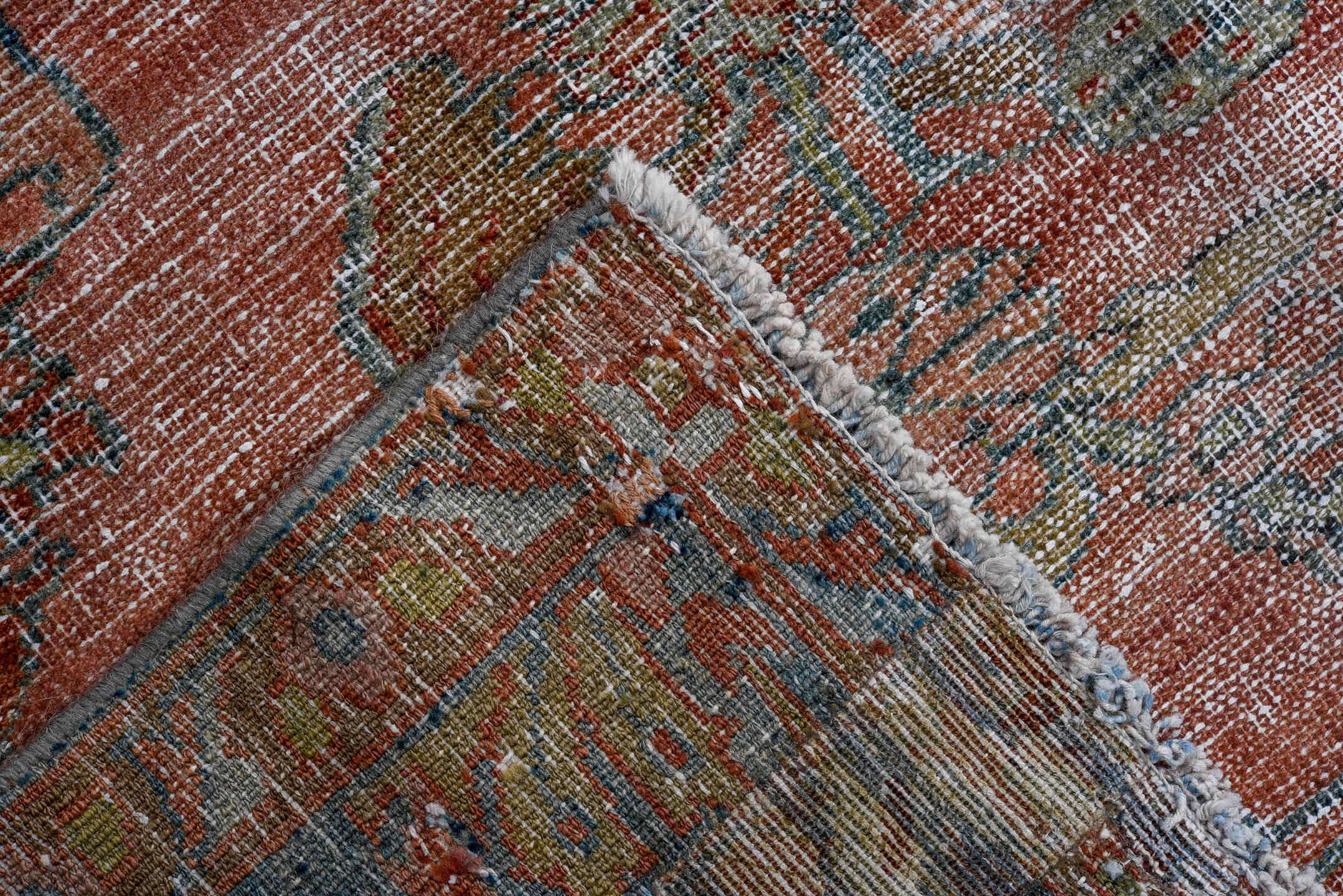 9' x 12' one-of-a-kind handmade antique large size rug. Color palette: rose, powder_blue, ivory, taupe, slate, sage, rust