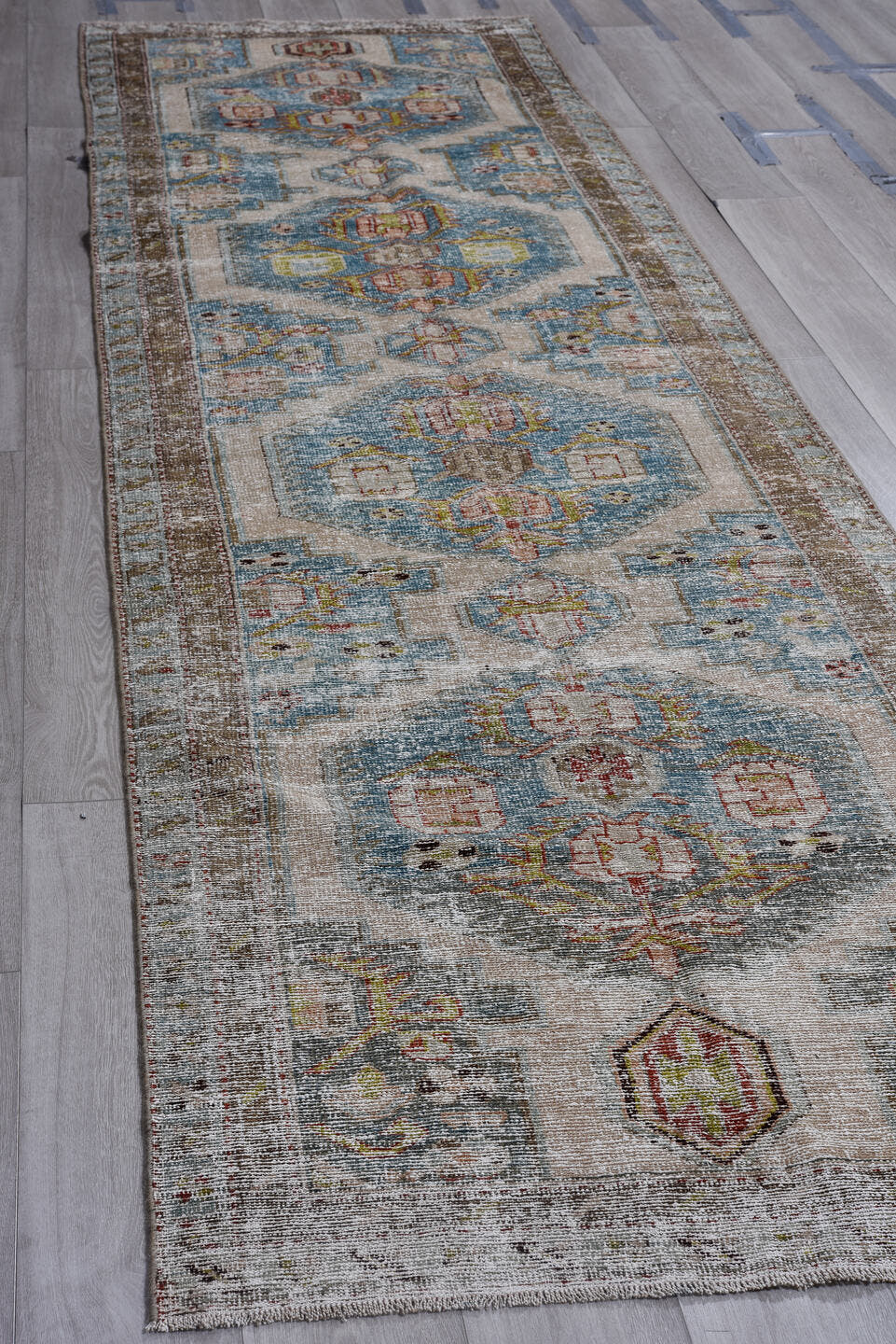 3' x 13' one-of-a-kind handmade antique Malayer runner rug. Color palette: ivory, sky blue, taupe, gray, rust, gold, rose