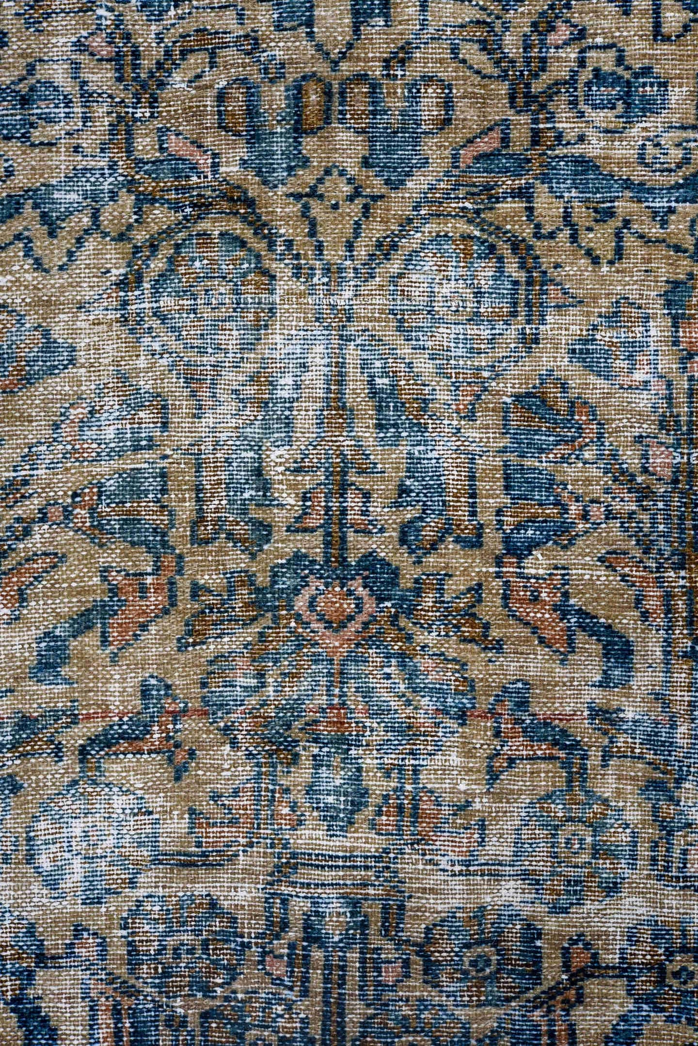 3' x 13' one-of-a-kind handmade vintage runner rug. Color palette: blue, ivory, navy, rust, taupe, charcoal, terracotta
