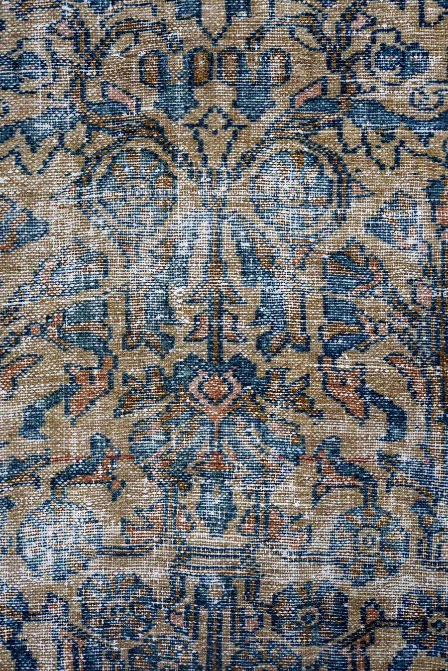 3' x 13' one-of-a-kind handmade vintage runner rug. Color palette: blue, ivory, navy, rust, taupe, charcoal, terracotta