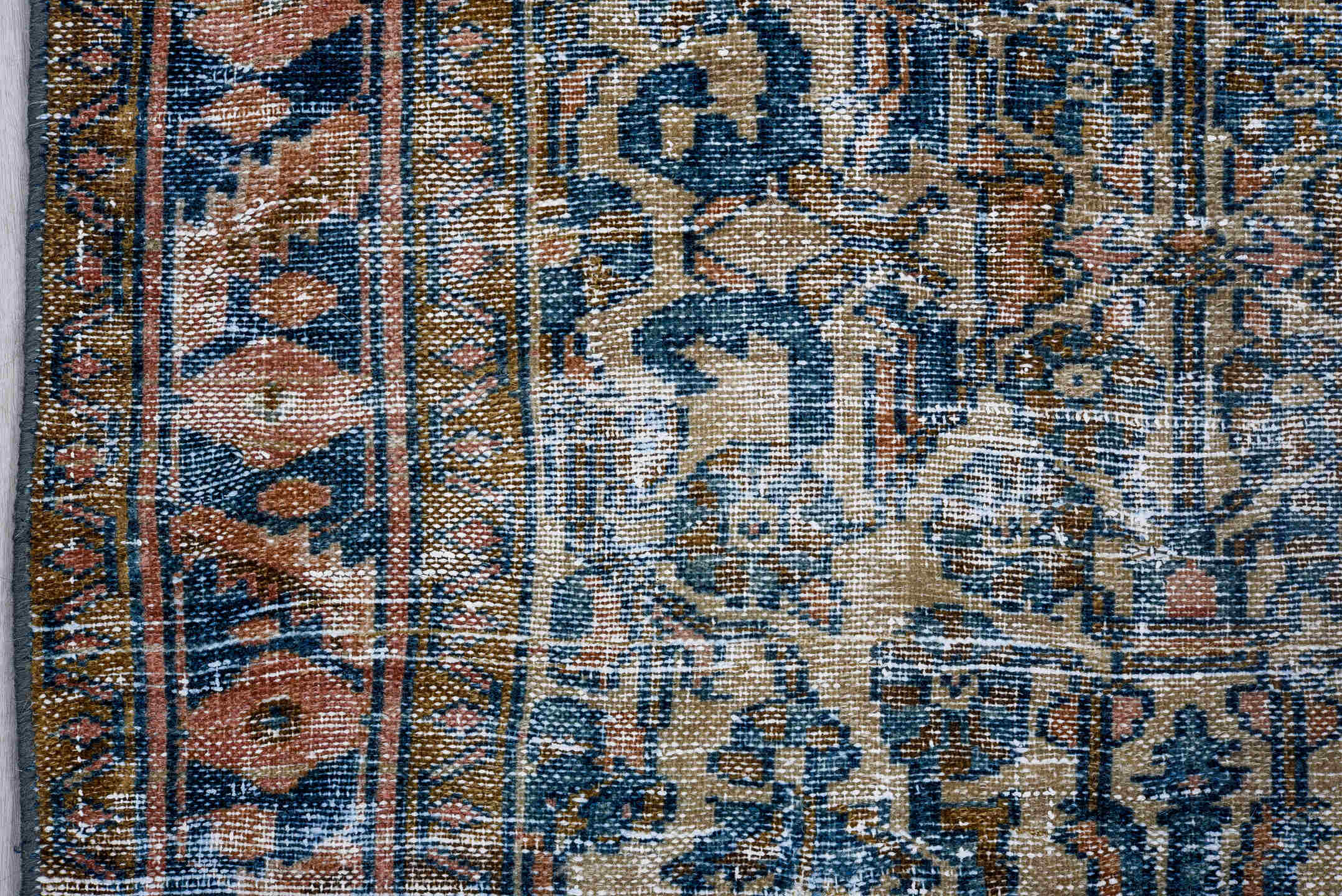 3' x 13' one-of-a-kind handmade vintage runner rug. Color palette: blue, ivory, navy, rust, taupe, charcoal, terracotta