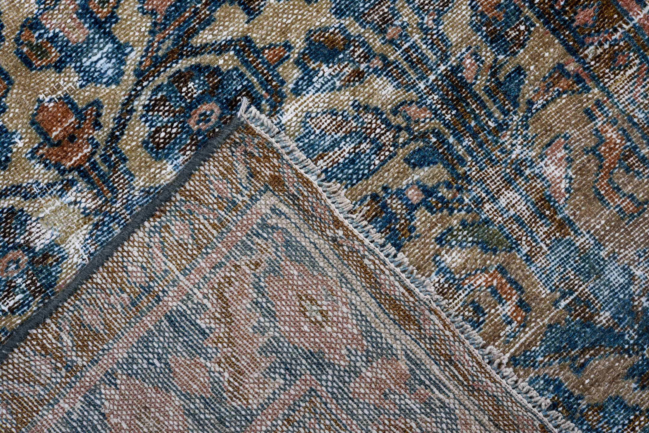 3' x 13' one-of-a-kind handmade vintage runner rug. Color palette: blue, ivory, navy, rust, taupe, charcoal, terracotta