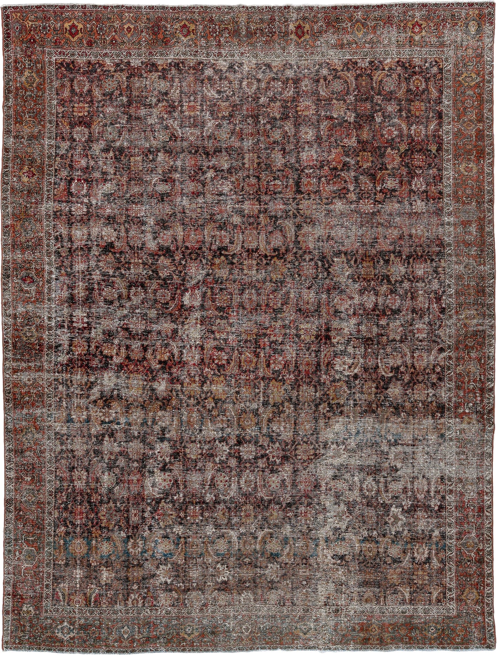8' x 10' one-of-a-kind handmade antique Mahal large size rug. Color palette: rust, charcoal, ivory, taupe, gold, teal