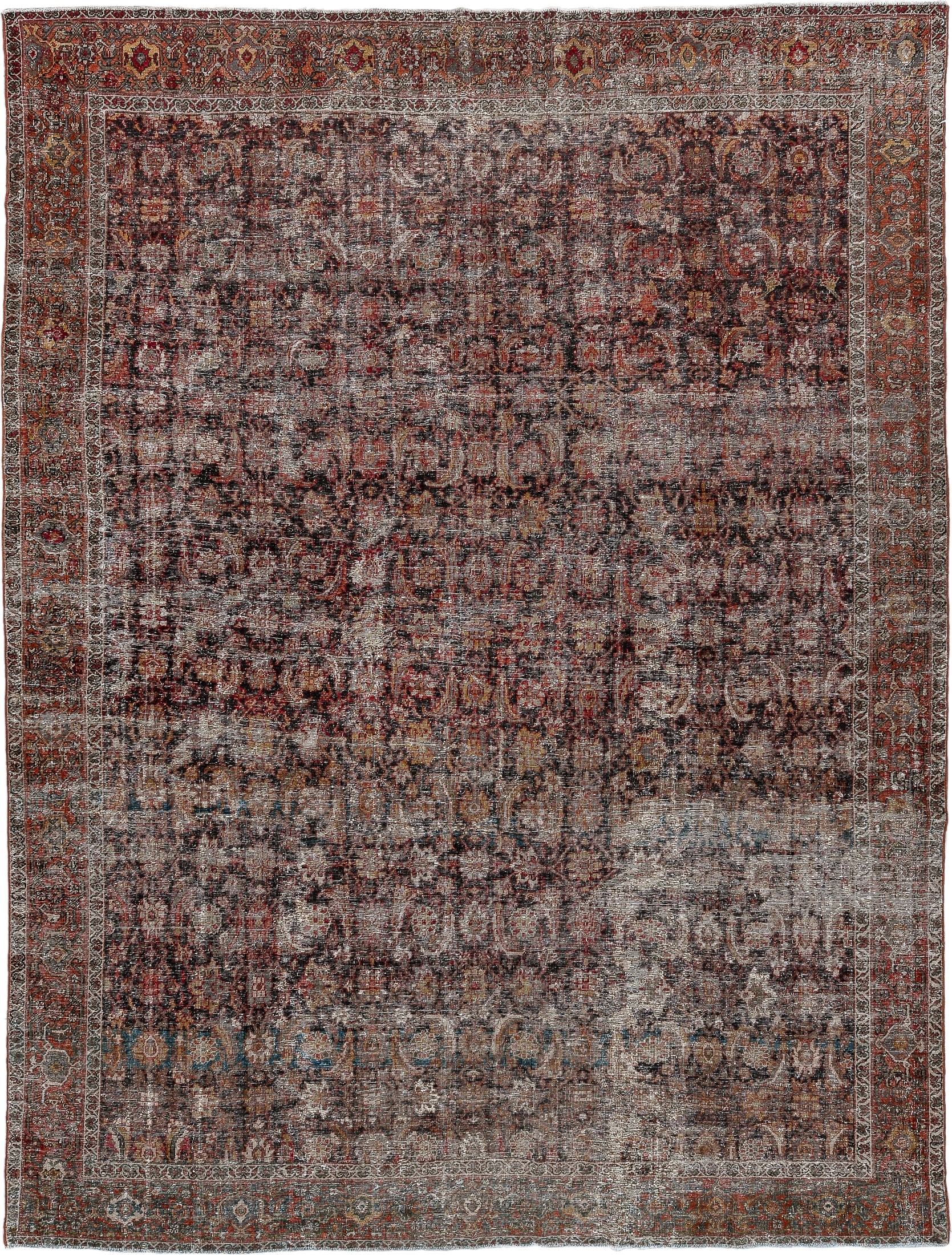 8' x 10' one-of-a-kind handmade antique Mahal large size rug. Color palette: rust, charcoal, ivory, taupe, gold, teal
