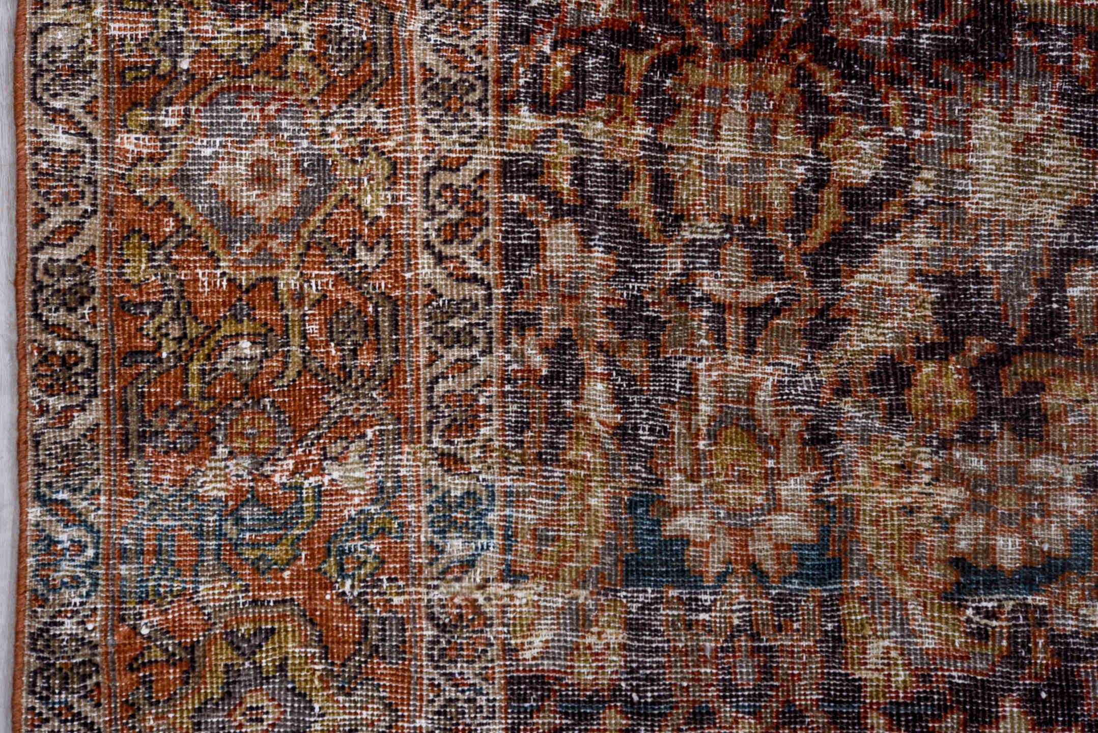 8' x 10' one-of-a-kind handmade antique Mahal large size rug. Color palette: rust, charcoal, ivory, taupe, gold, teal