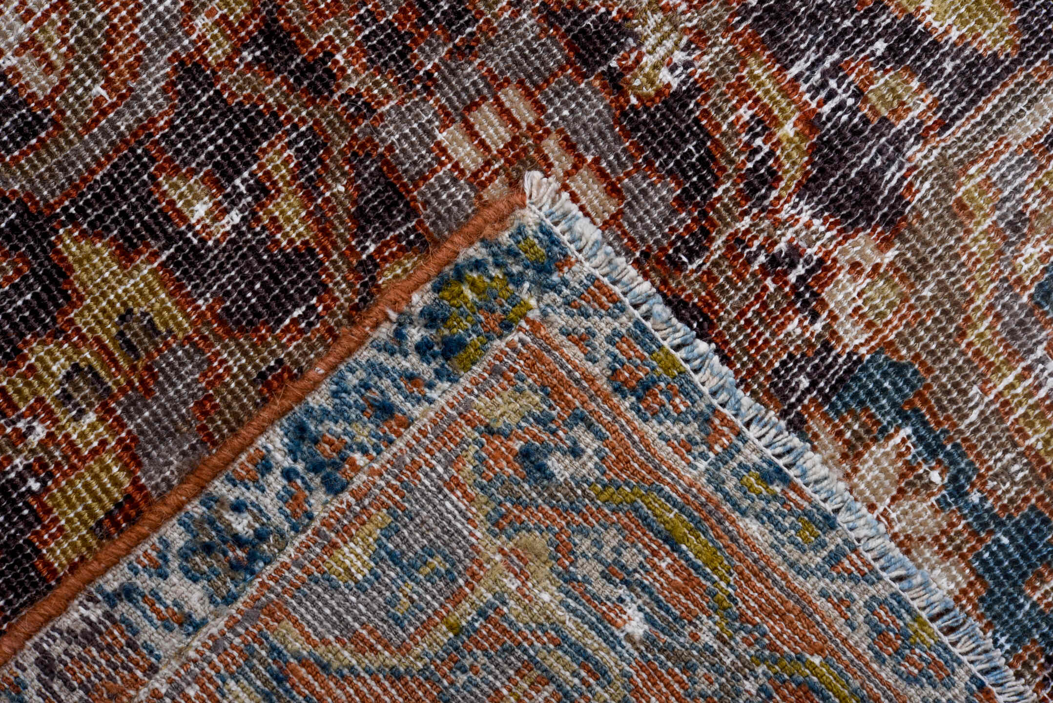 8' x 10' one-of-a-kind handmade antique Mahal large size rug. Color palette: rust, charcoal, ivory, taupe, gold, teal