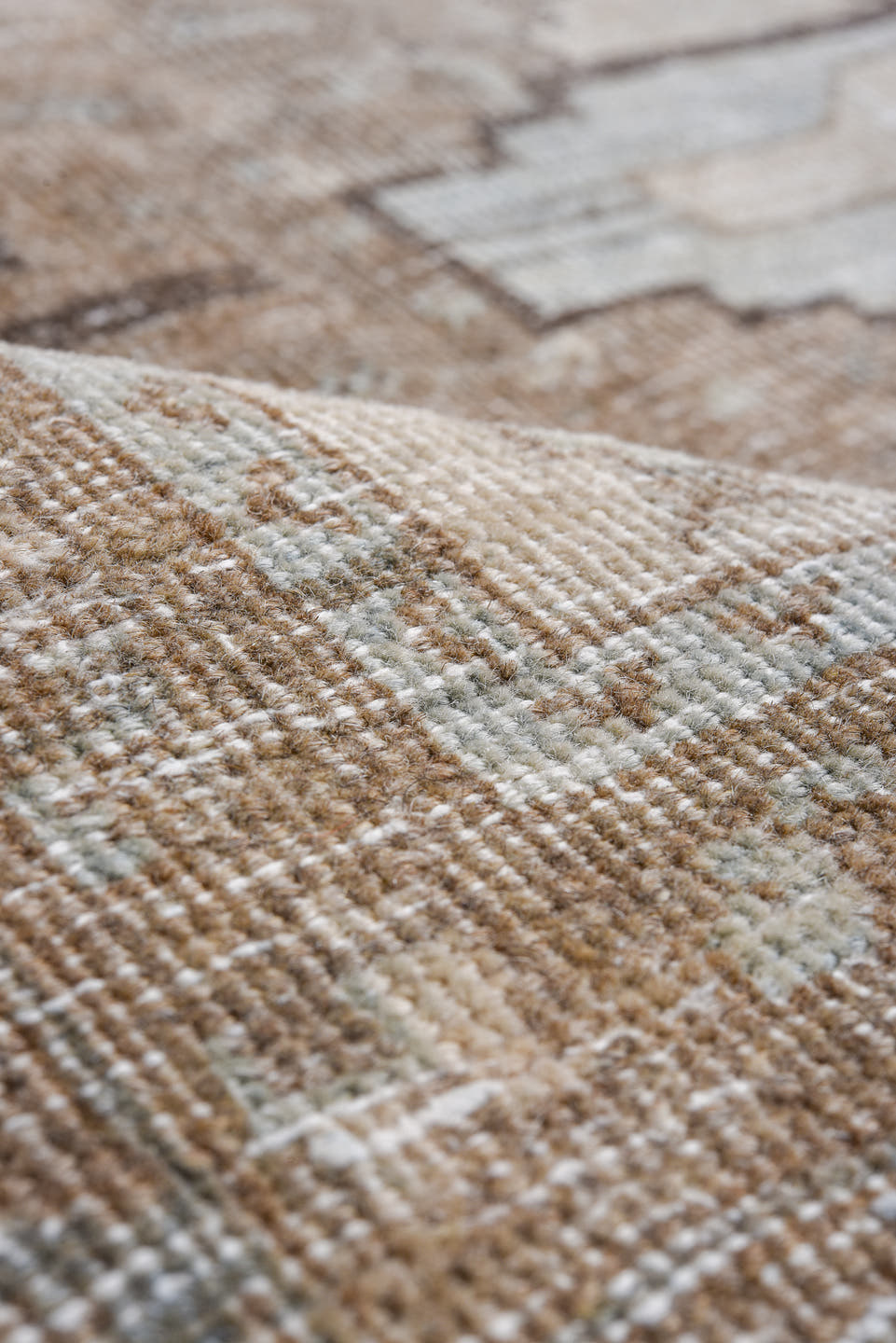 7' x 10' one-of-a-kind handmade antique Veece large size rug. Color palette: taupe, blush, charcoal, ivory, pale blue