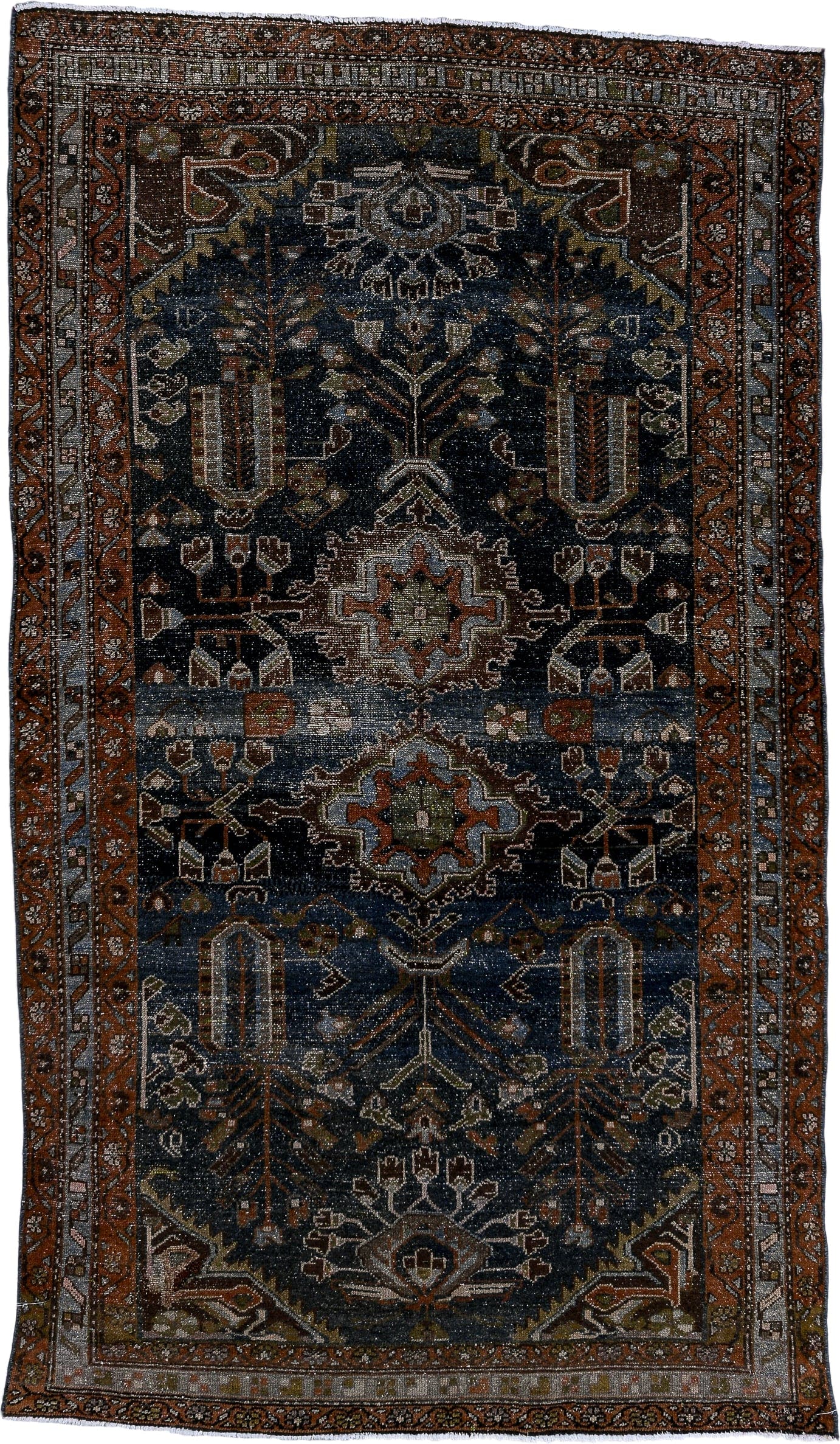 4' x 7' one-of-a-kind handmade antique Hamadan rug. Color palette: navy, rust, ivory, slate, taupe, olive, camel, charcoal
