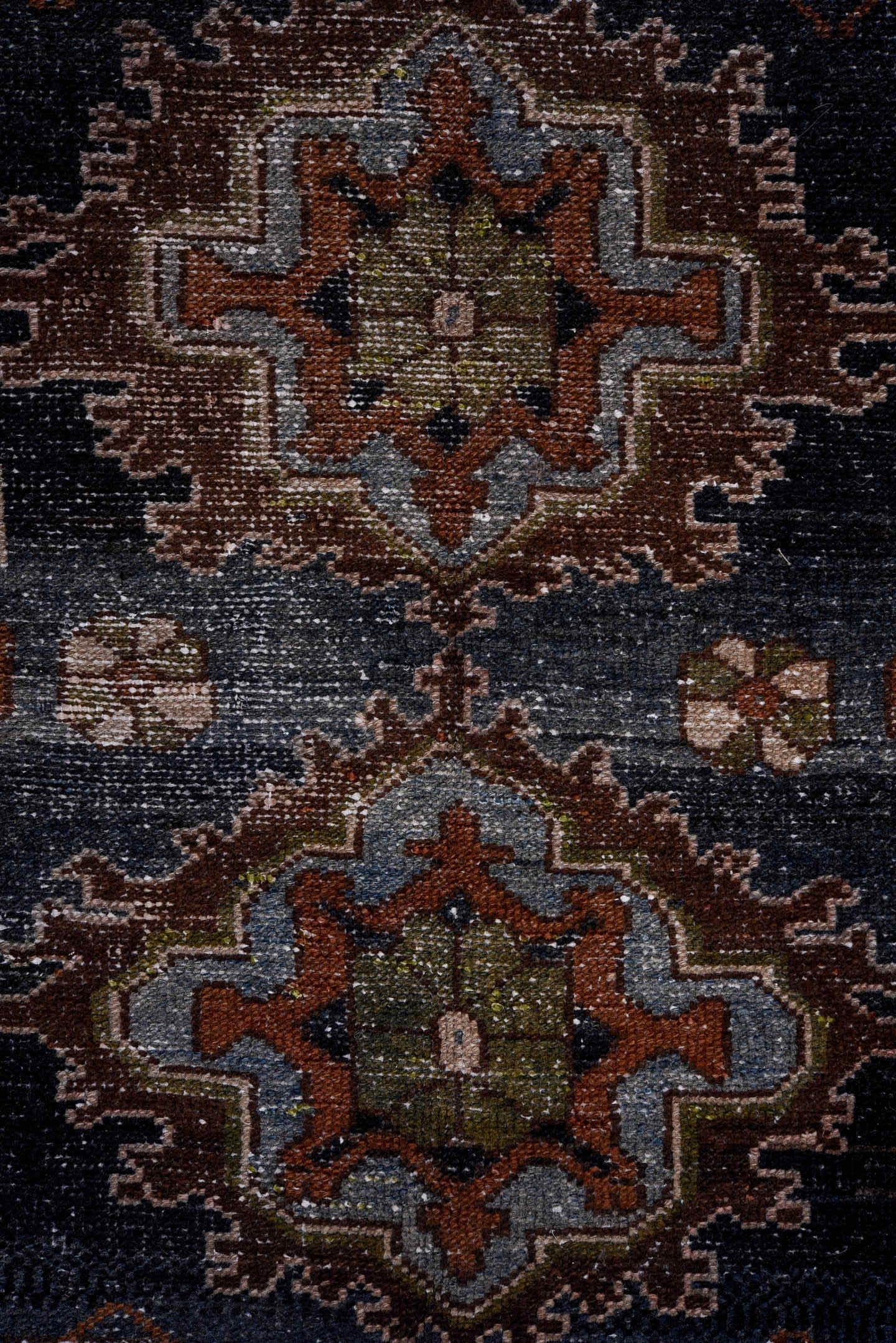 4' x 7' one-of-a-kind handmade antique Hamadan rug. Color palette: navy, rust, ivory, slate, taupe, olive, camel, charcoal