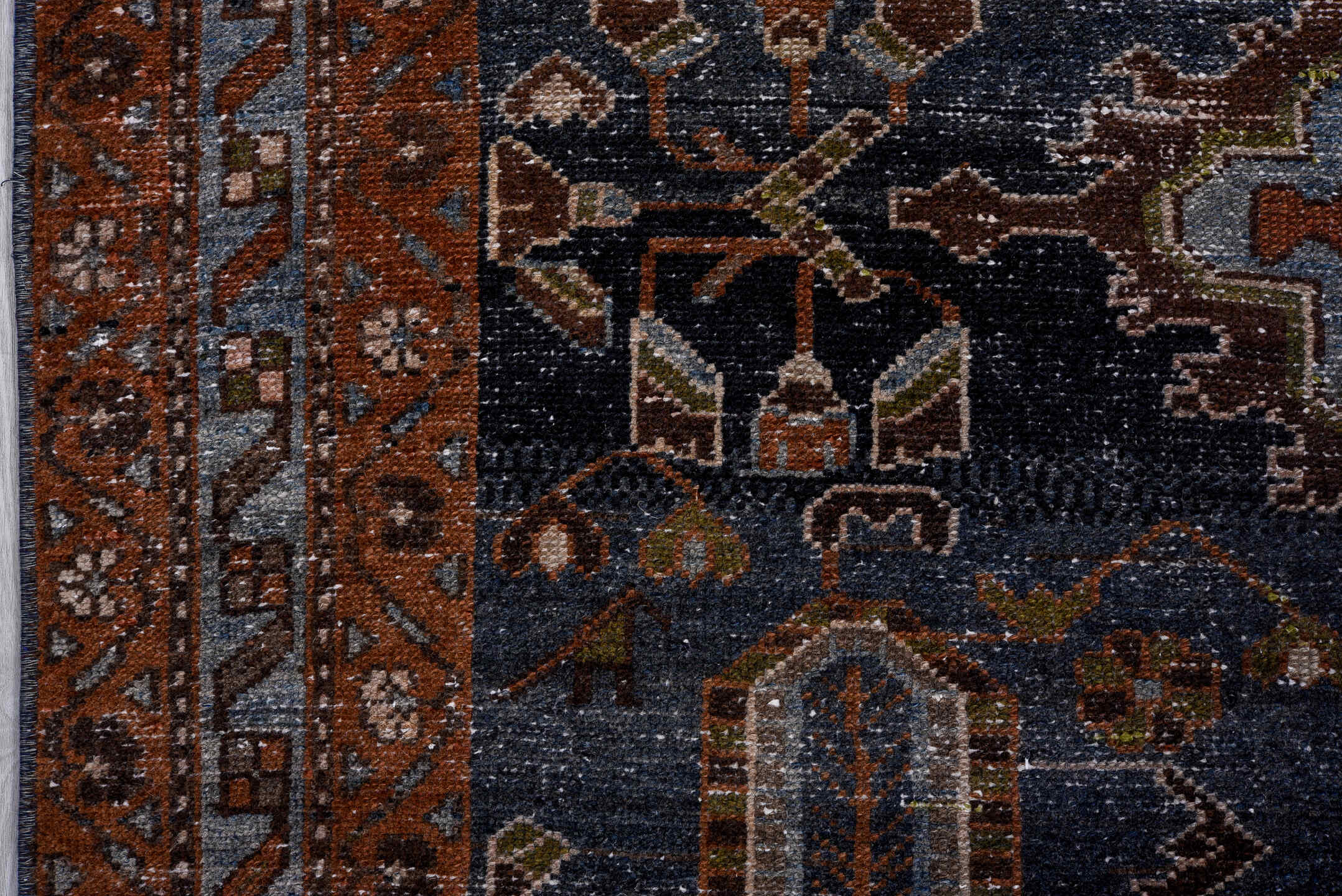 4' x 7' one-of-a-kind handmade antique Hamadan rug. Color palette: navy, rust, ivory, slate, taupe, olive, camel, charcoal