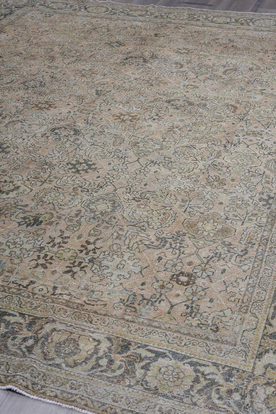 9' x 12' one-of-a-kind handmade antique large size rug. Color palette: ivory, taupe, slate, charcoal, beige, sage, gray