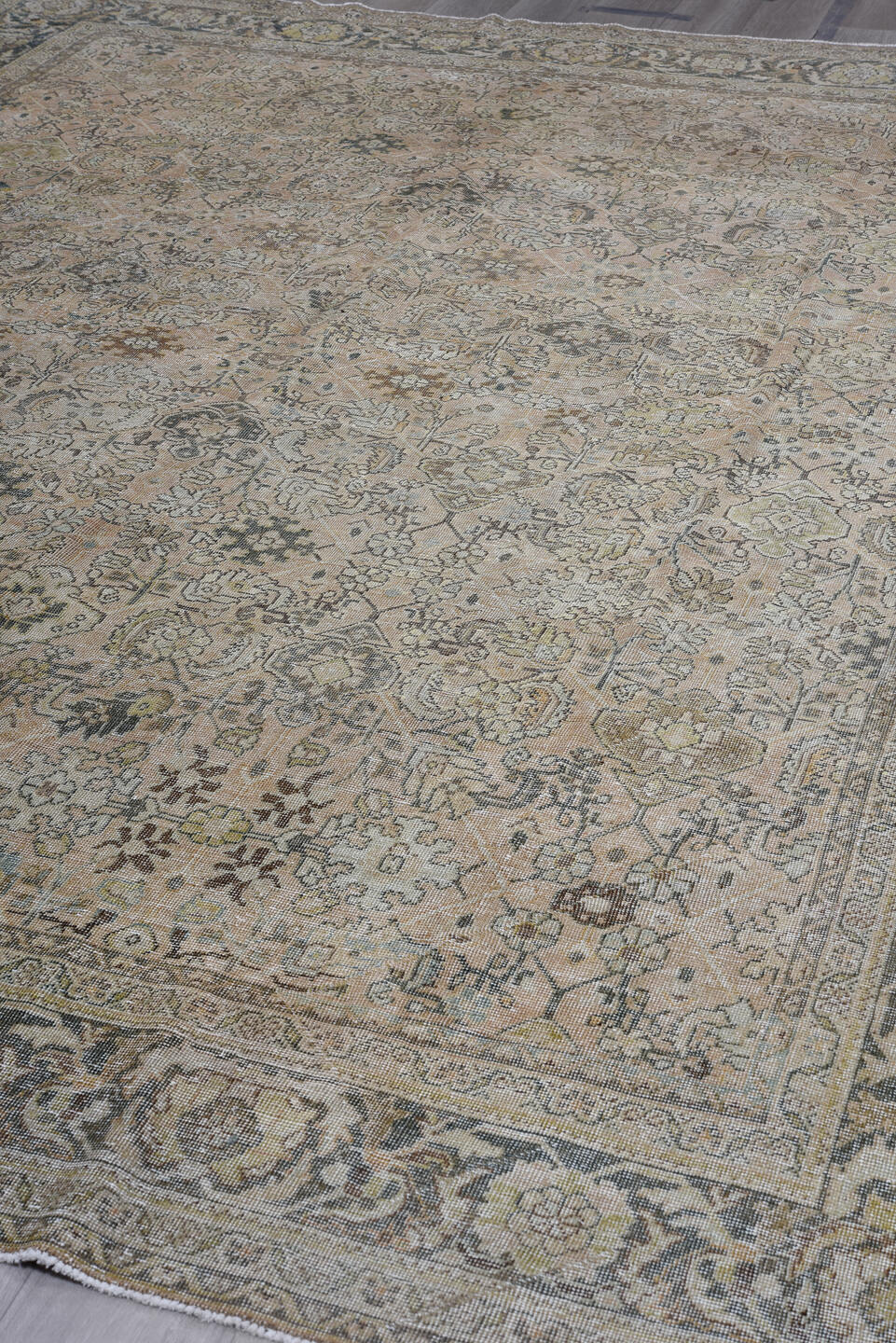 9' x 12' one-of-a-kind handmade antique large size rug. Color palette: ivory, taupe, slate, charcoal, beige, sage, gray