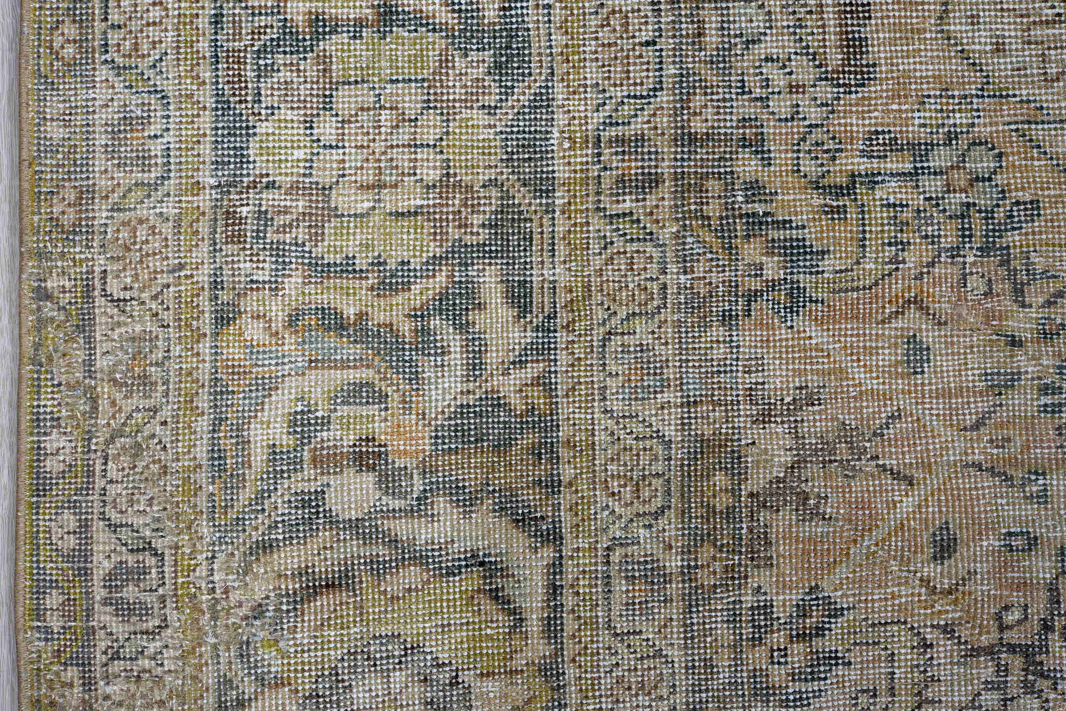 9' x 12' one-of-a-kind handmade antique large size rug. Color palette: ivory, taupe, slate, charcoal, beige, sage, gray