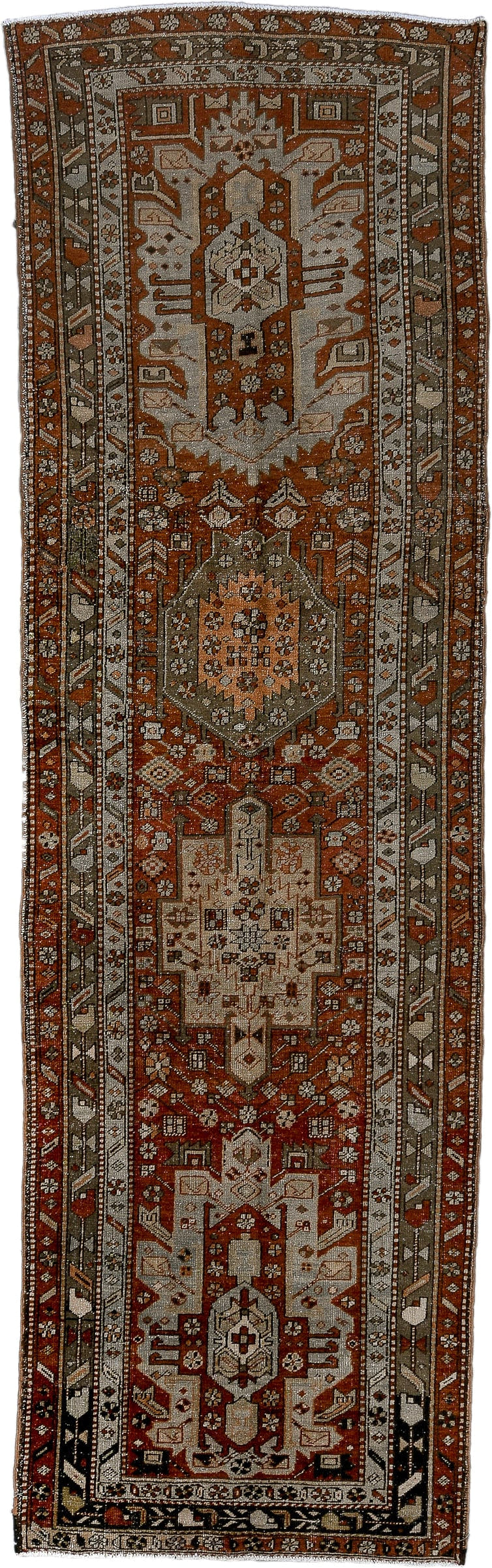 3' x 11' one-of-a-kind handmade antique Heriz runner rug. Color palette: rust, ivory, brown, taupe, charcoal, black, camel