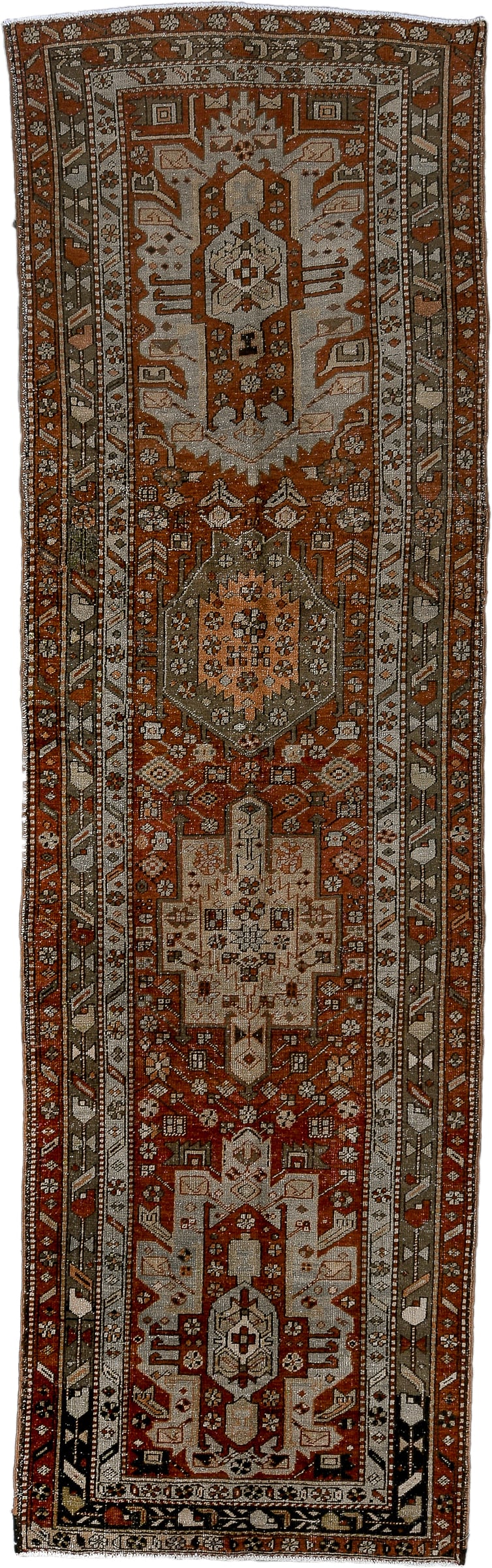 3' x 11' one-of-a-kind handmade antique Heriz runner rug. Color palette: rust, ivory, brown, taupe, charcoal, black, camel