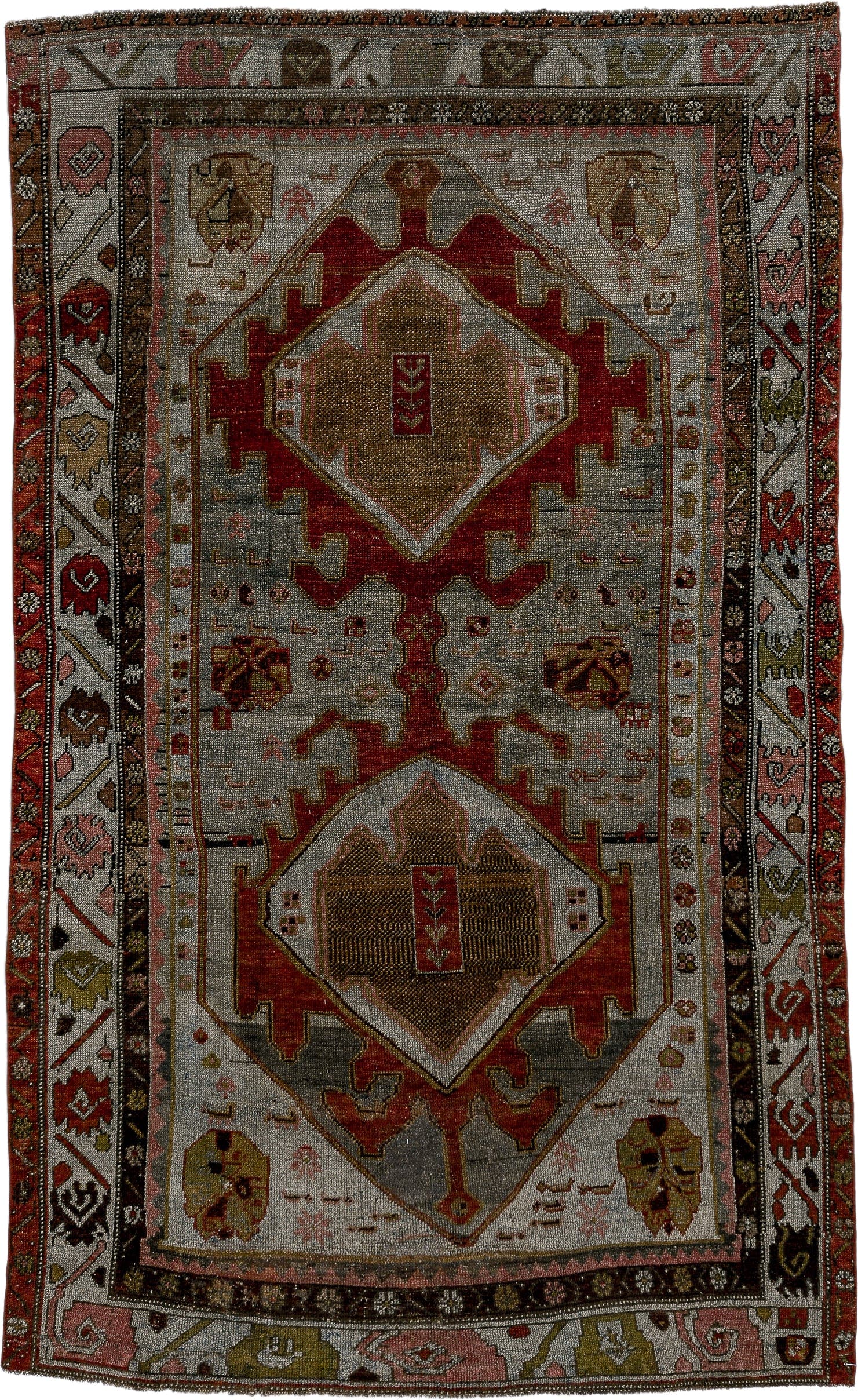 4' x 7' one-of-a-kind handmade antique Kurd medium size rug. Color palette: ivory, rust, charcoal, camel, olive, rose, taupe