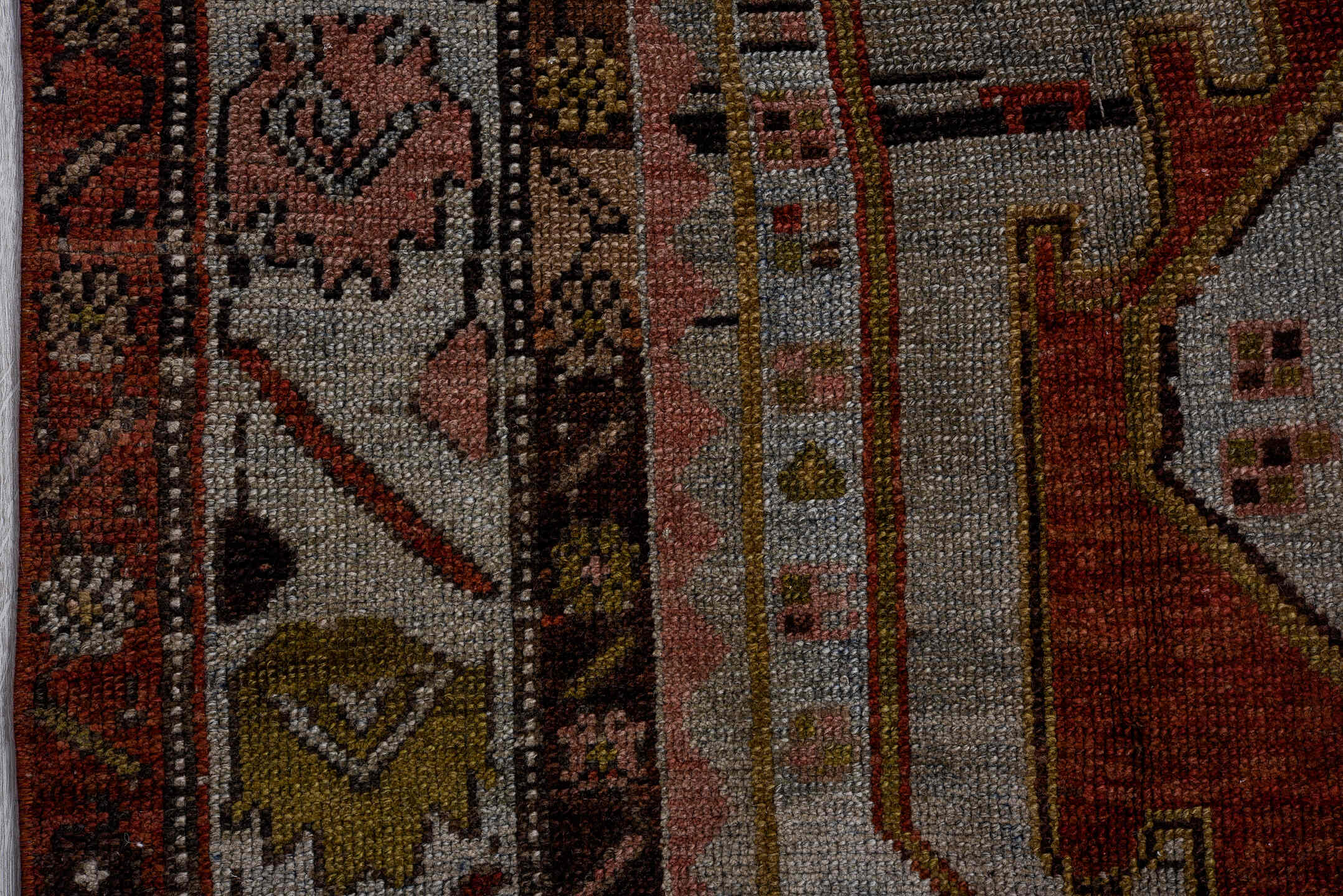 4' x 7' one-of-a-kind handmade antique Kurd medium size rug. Color palette: ivory, rust, charcoal, camel, olive, rose, taupe