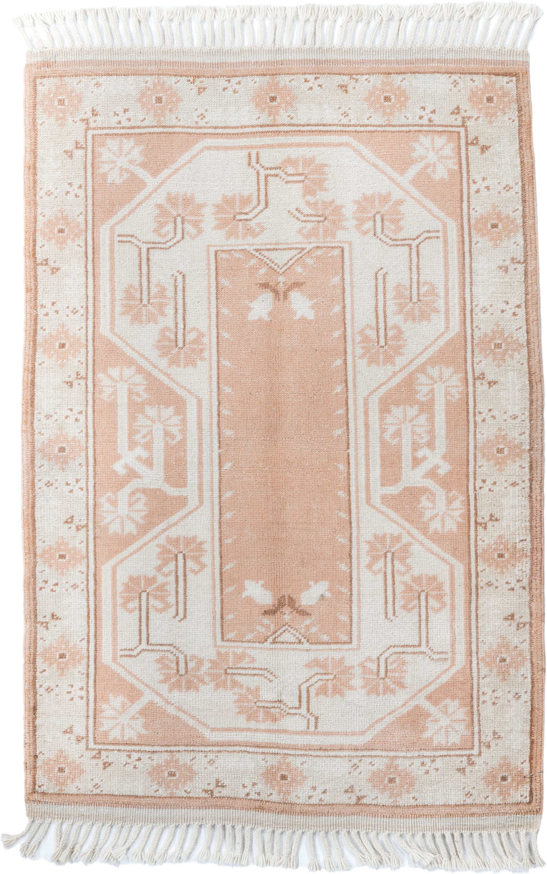 2' x 4' one-of-a-kind handmade antique Anatolian small size rug. Color palette: ivory, blush, peach, sand, camel, pink