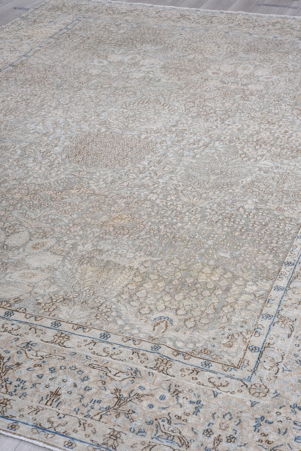 8' x 11' one-of-a-kind handmade antique Tabriz large size rug. Color palette: ivory, taupe, beige, pale blue, camel, gray