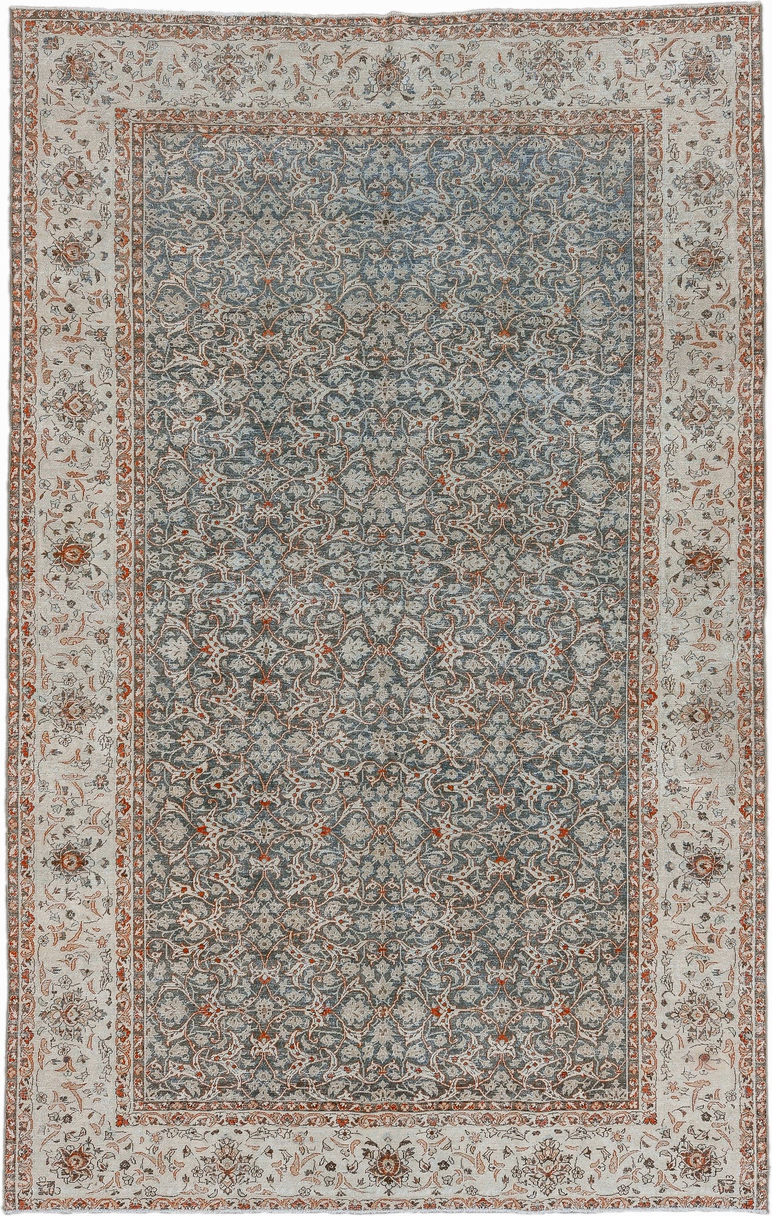 7' x 11' one-of-a-kind handmade antique Tabriz large size rug. Color palette: ivory, blue, taupe, rust, slate, camel, beige