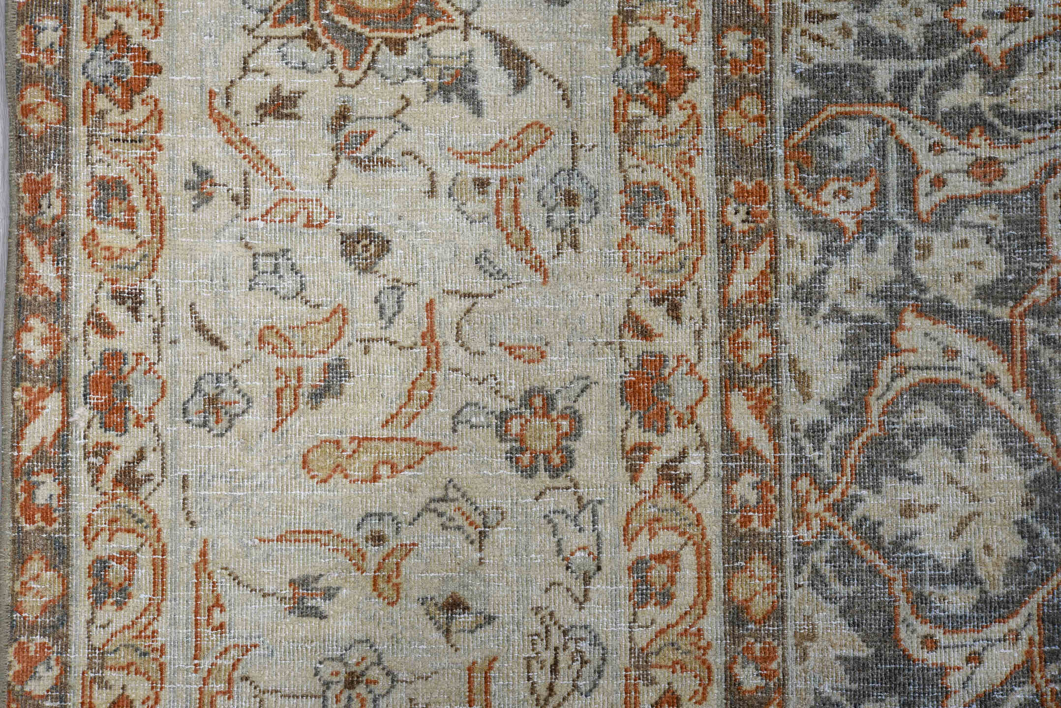 7' x 11' one-of-a-kind handmade antique Tabriz large size rug. Color palette: ivory, blue, taupe, rust, slate, camel, beige