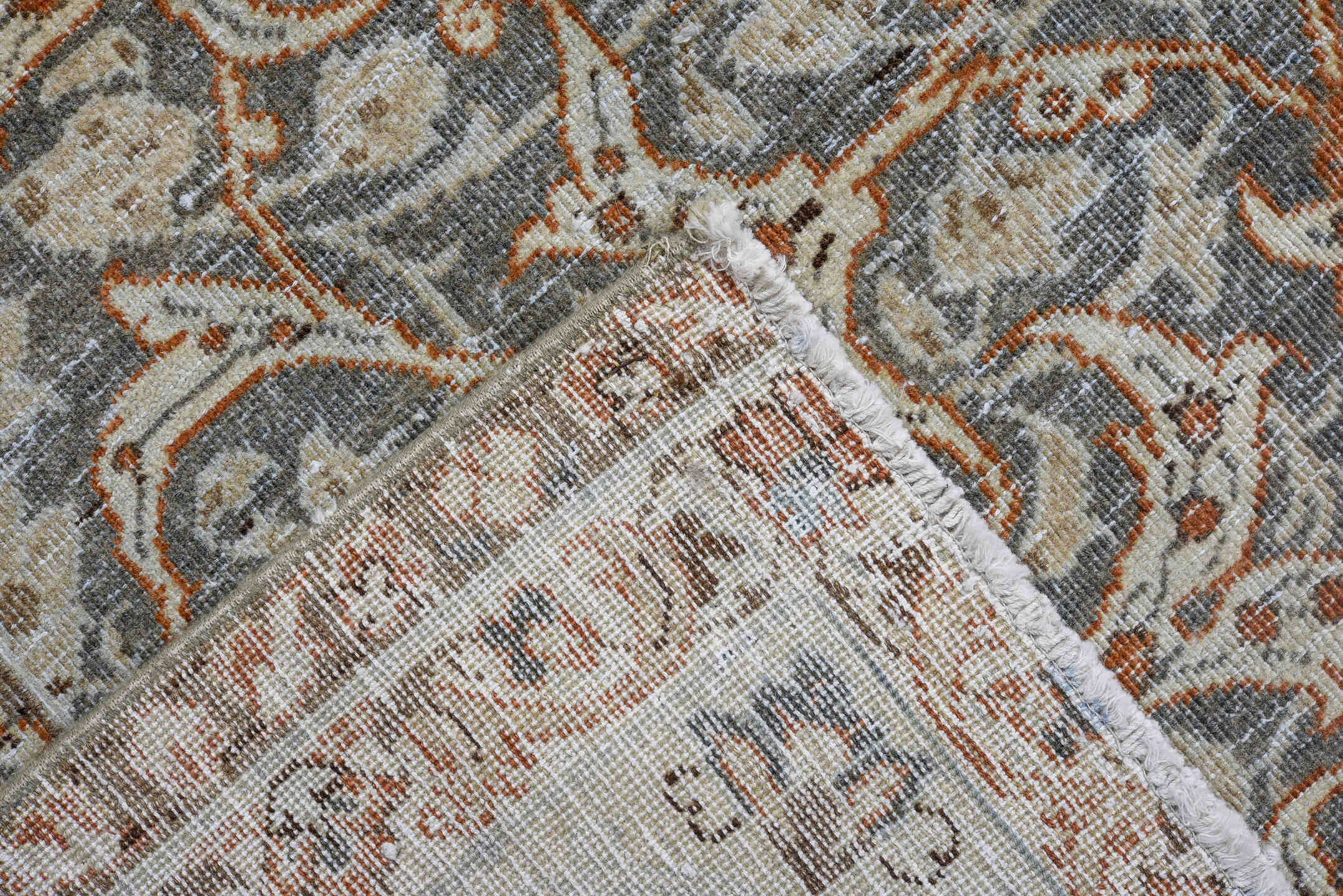 7' x 11' one-of-a-kind handmade antique Tabriz large size rug. Color palette: ivory, blue, taupe, rust, slate, camel, beige