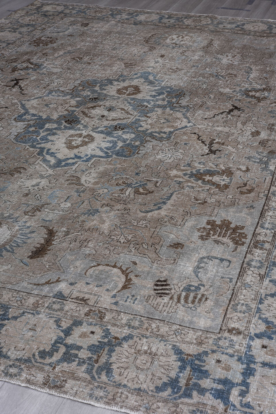 9' x 12' one-of-a-kind handmade vintage Tabriz large size rug. Color palette: black, blue, charcoal, dark gray, dim gray