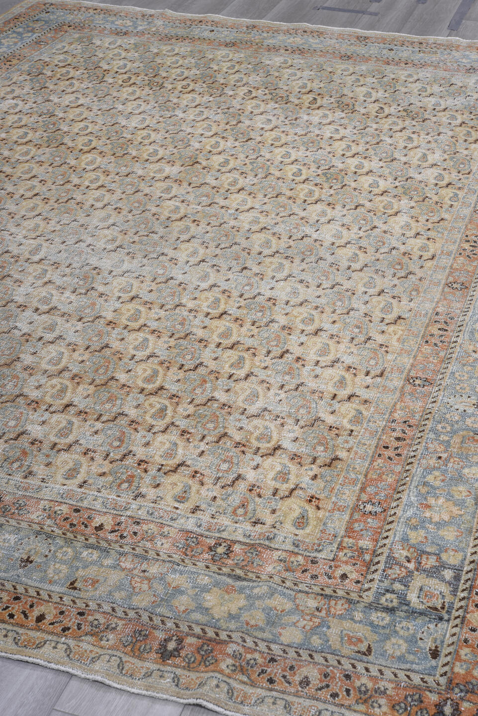 8' x 11' one-of-a-kind handmade vintage Khorassan large size rug. Color palette: black, blue, brown, charcoal, dark gray