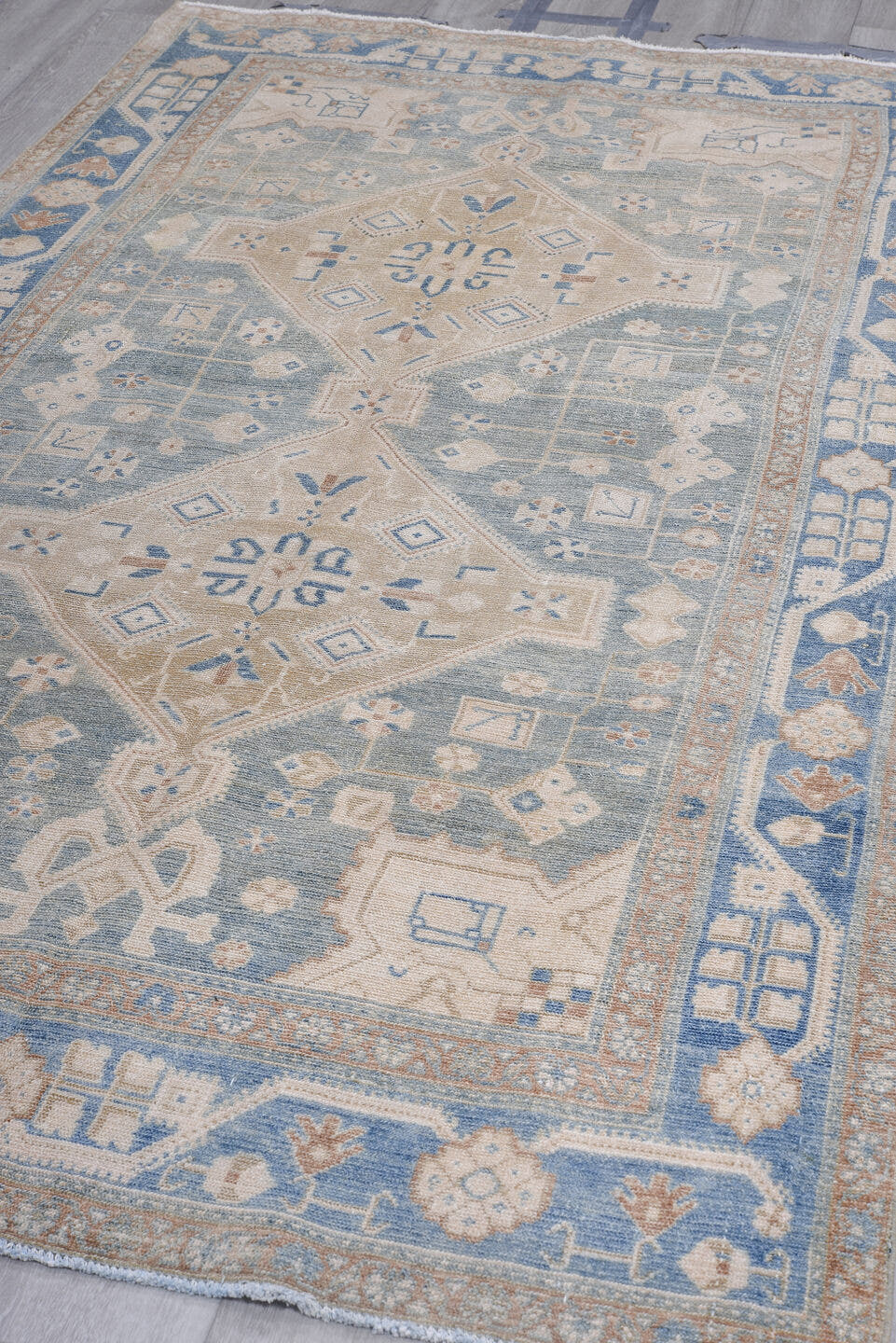 4' x 8' one-of-a-kind handmade antique Hamadan rug. Color palette: ivory, sky blue, pale blue, taupe, camel, rust