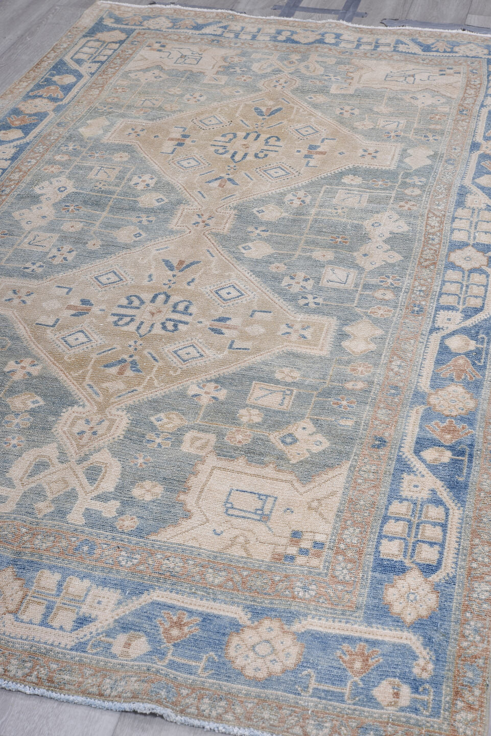4' x 8' one-of-a-kind handmade antique Hamadan rug. Color palette: ivory, sky blue, pale blue, taupe, camel, rust