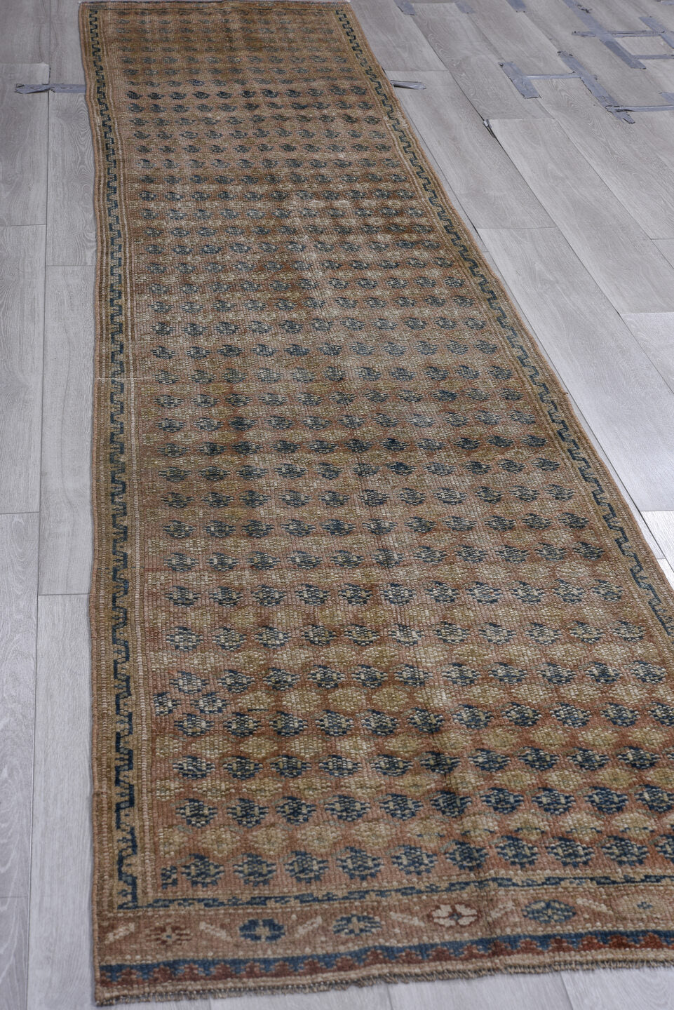 2' x 13' one-of-a-kind handmade vintage Kurd runner rug. Color palette: black, brown, charcoal, gray, light gray, off-white