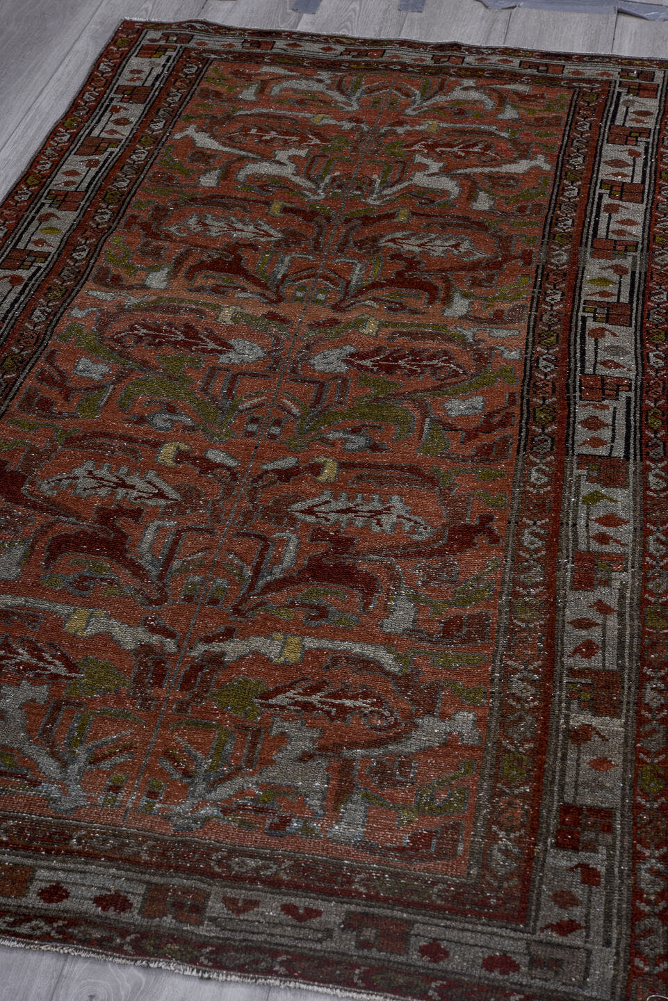 3' x 6' one-of-a-kind handmade antique Lilian small size rug. Color palette: rust, ivory, burgundy, sage, gray, terra cotta
