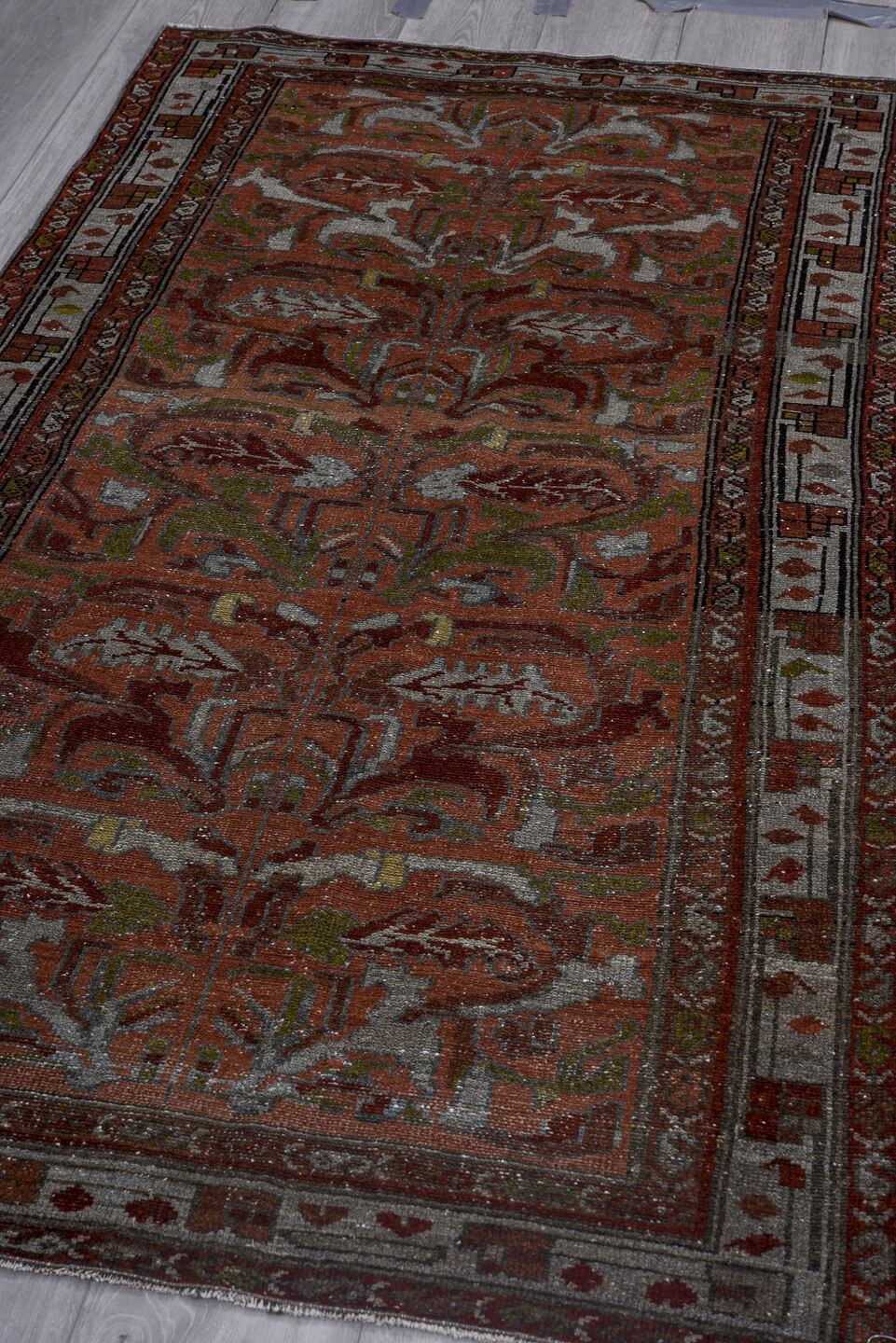 3' x 6' one-of-a-kind handmade antique Lilian small size rug. Color palette: rust, ivory, burgundy, sage, gray, terra cotta