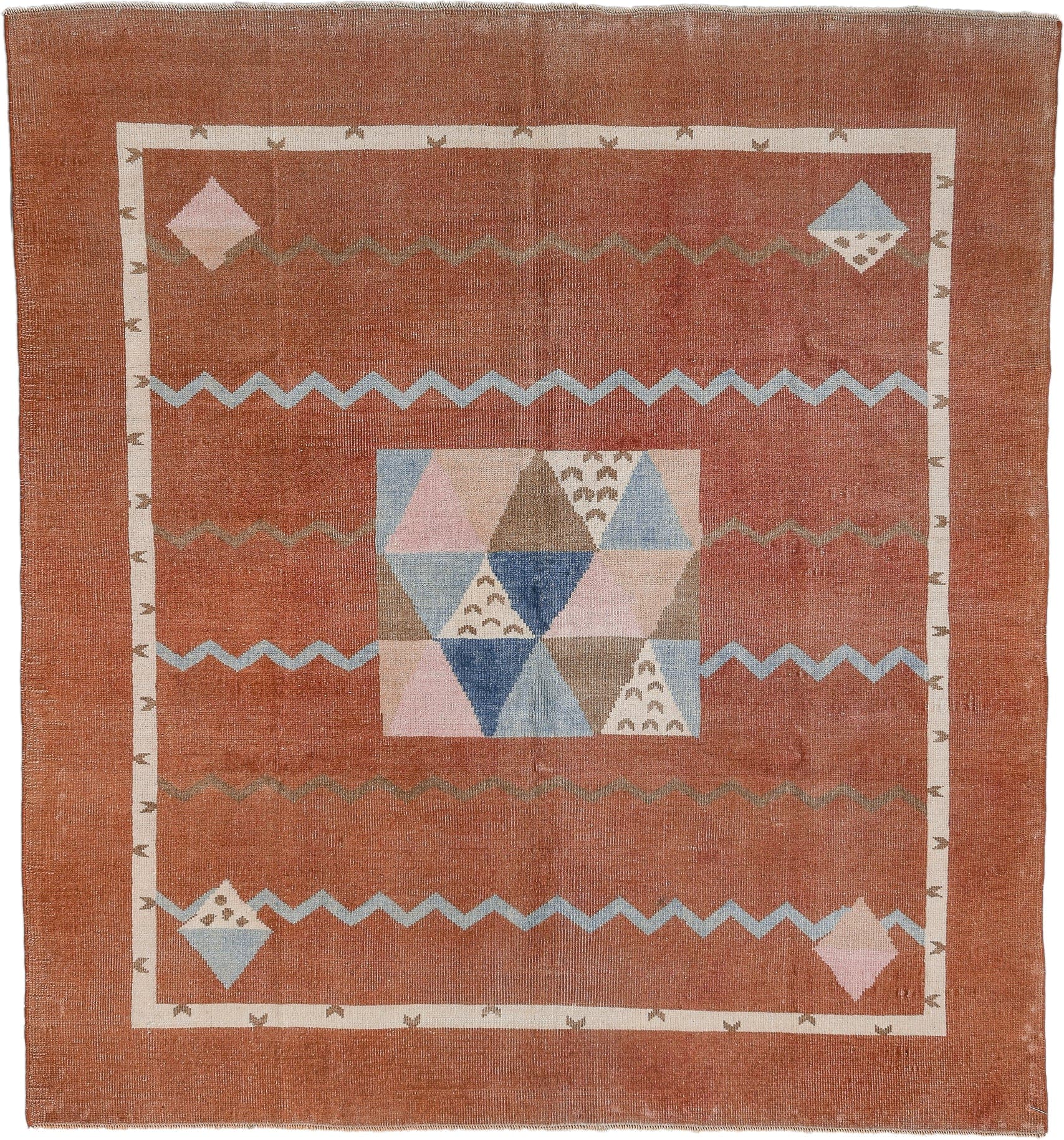 5' x 6' one-of-a-kind handmade antique Art Deco rug. Color palette: terra cotta, ivory, powder blue, taupe, blush, navy