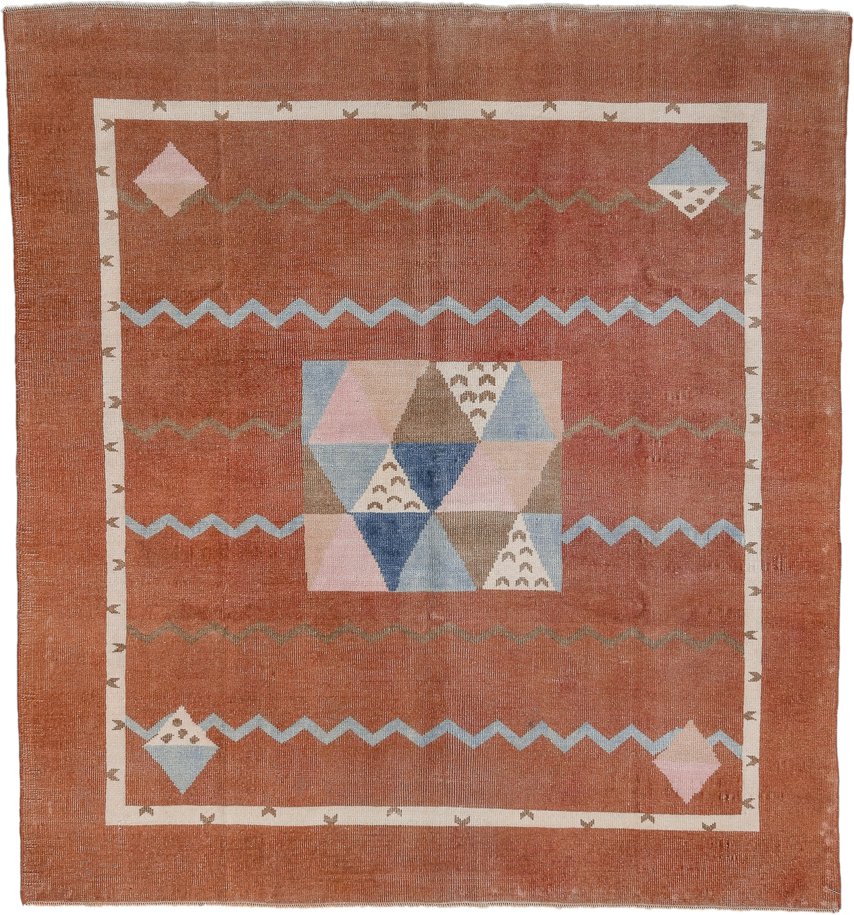 5' x 6' one-of-a-kind handmade antique Art Deco rug. Color palette: terra cotta, ivory, powder blue, taupe, blush, navy