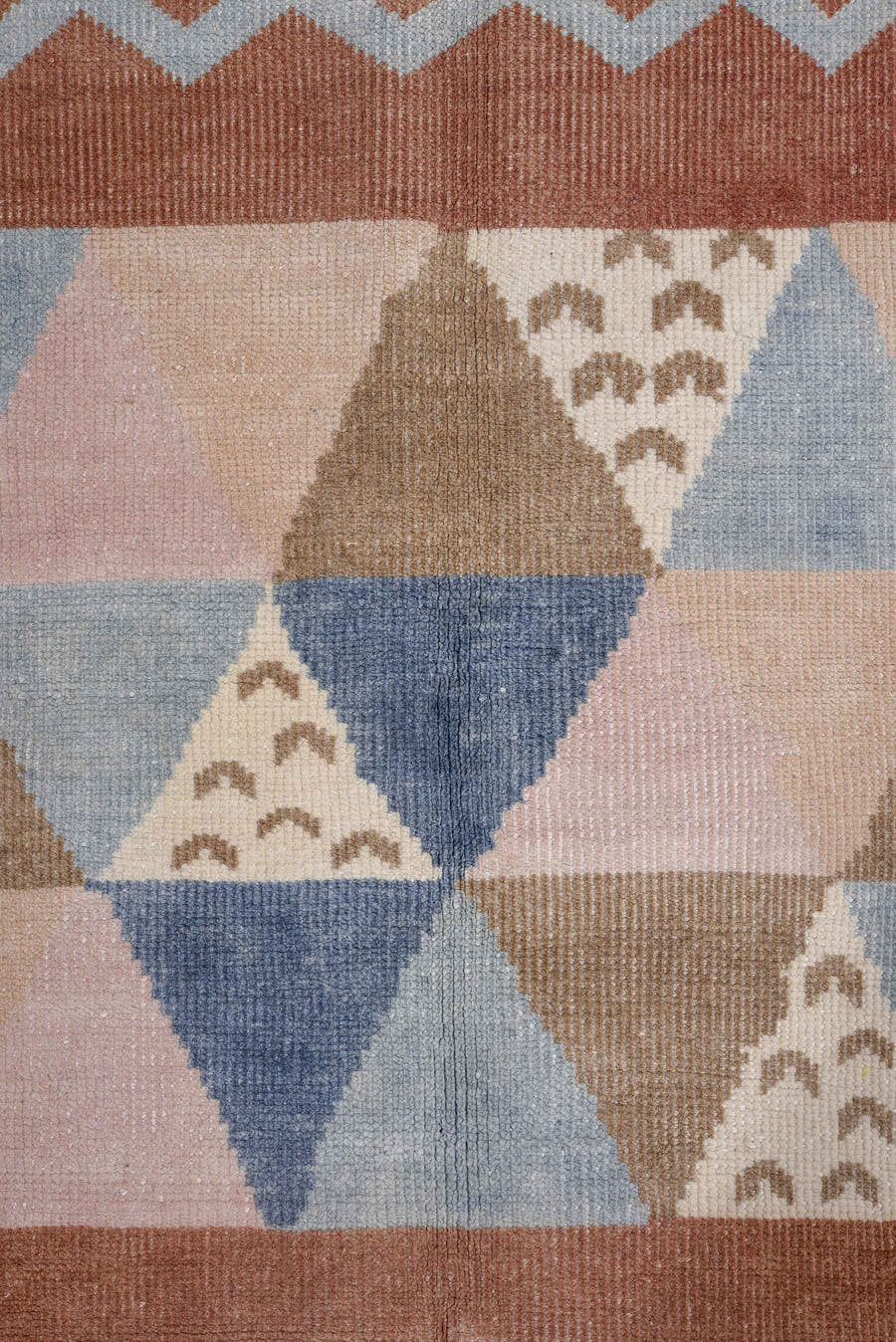 5' x 6' one-of-a-kind handmade antique Art Deco rug. Color palette: terra cotta, ivory, powder blue, taupe, blush, navy