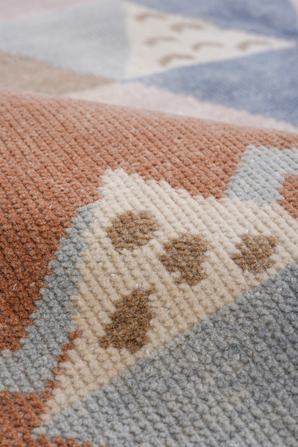 5' x 6' one-of-a-kind handmade antique Art Deco rug. Color palette: terra cotta, ivory, powder blue, taupe, blush, navy