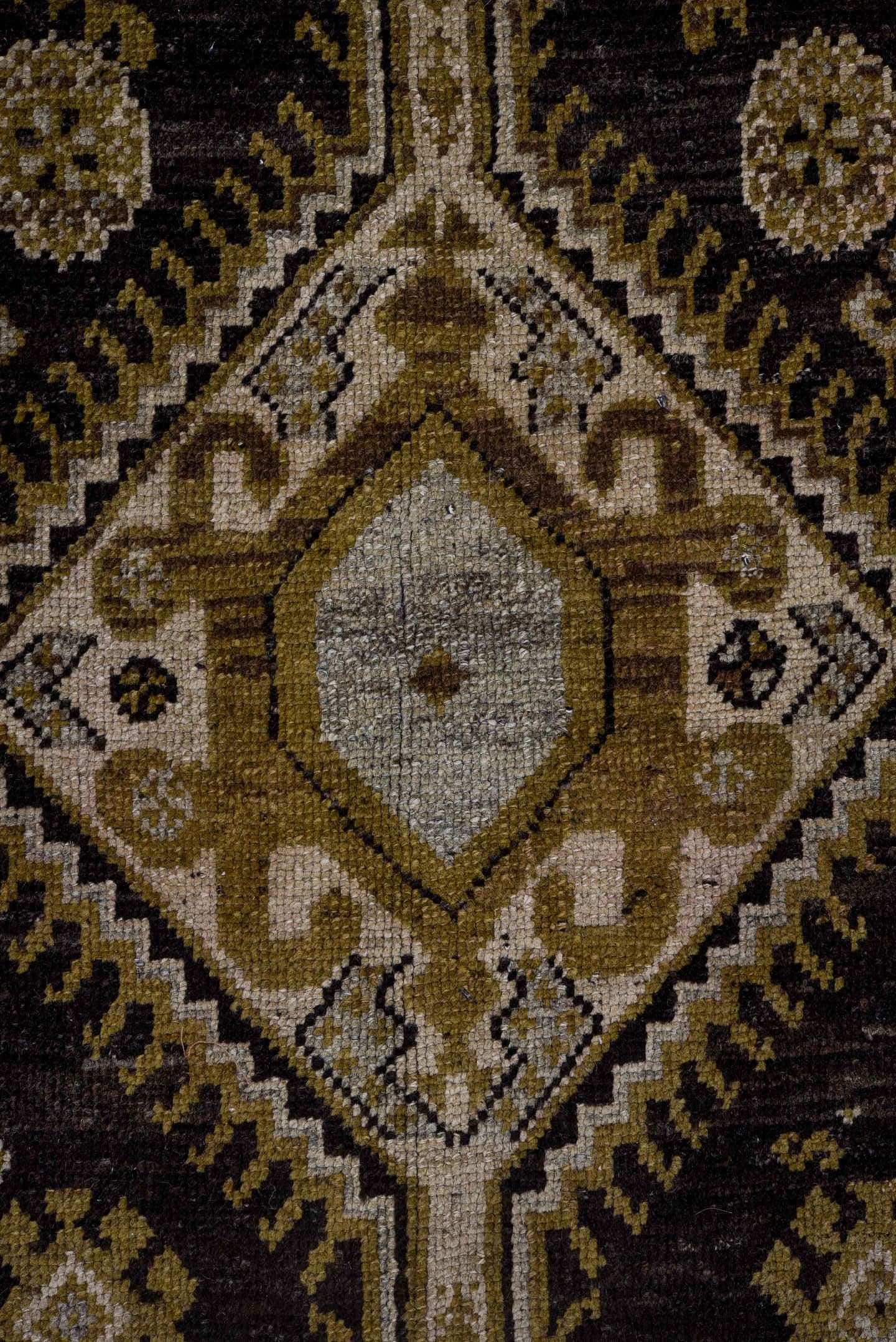 3' x 11' one-of-a-kind handmade antique Kurd runner rug. Color palette: brown, camel, ivory, charcoal, taupe, olive, beige