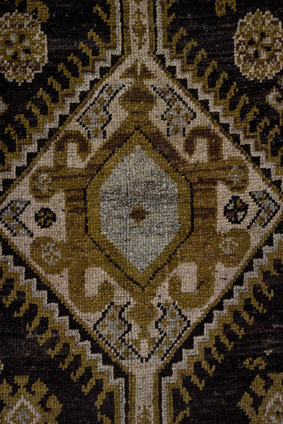 3' x 11' one-of-a-kind handmade antique Kurd runner rug. Color palette: brown, camel, ivory, charcoal, taupe, olive, beige