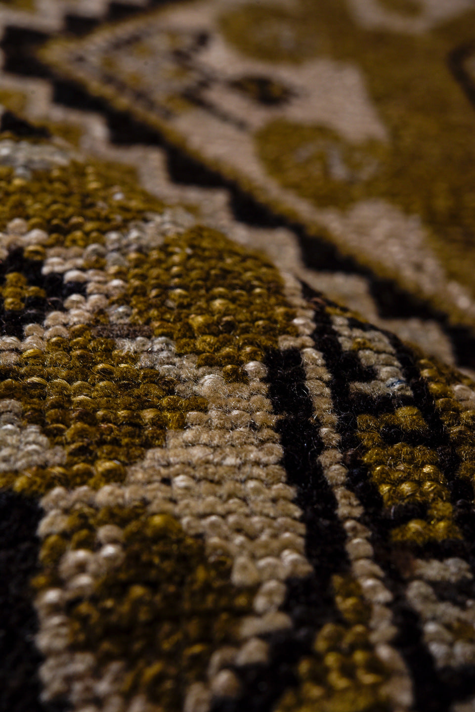 3' x 11' one-of-a-kind handmade vintage Kurd runner rug. Color palette: black, brown, charcoal, gray, light gray, off-white