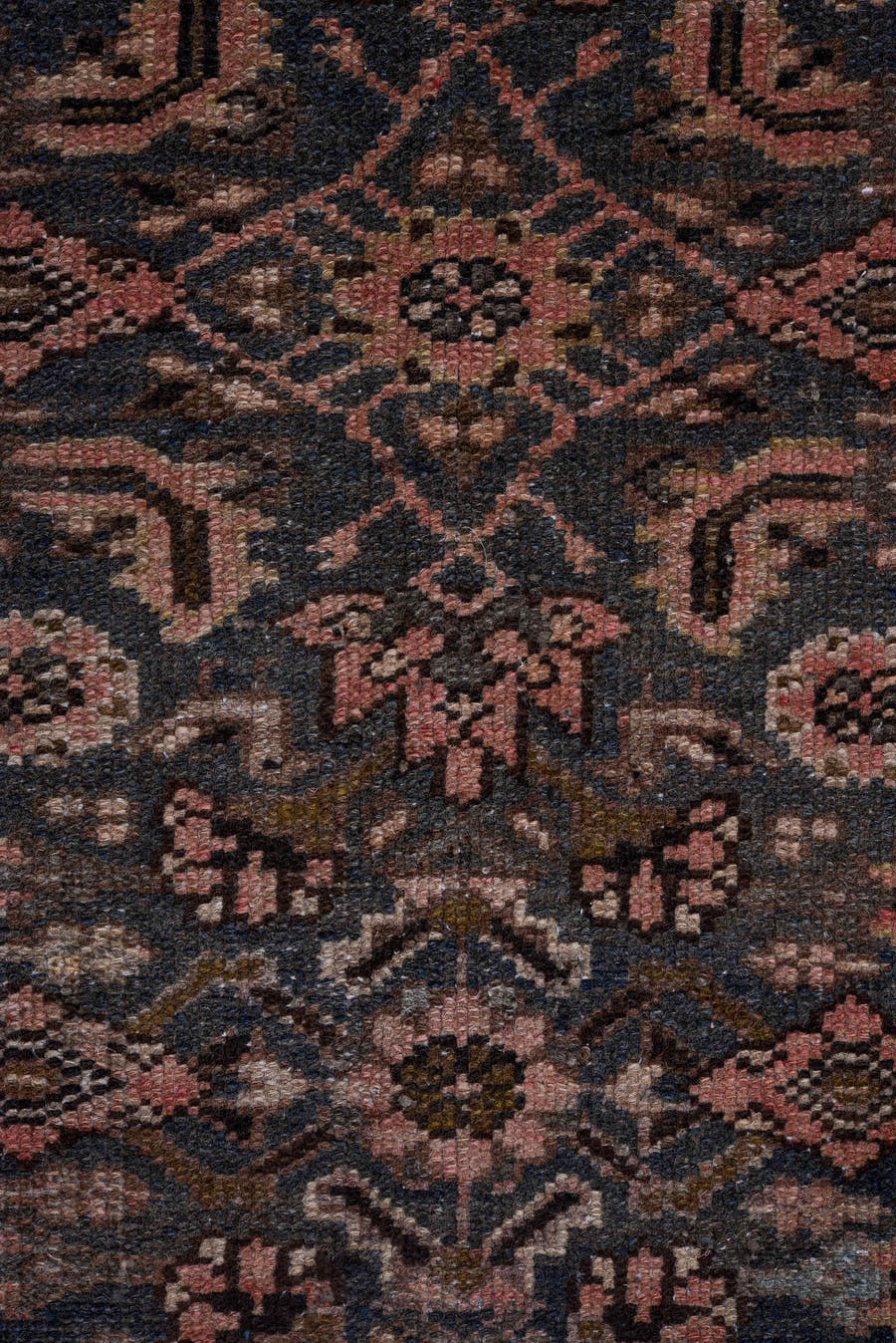3' x 9' one-of-a-kind handmade antique Malayer runner rug. Color palette: navy, taupe, rose, camel, ivory, charcoal, brown