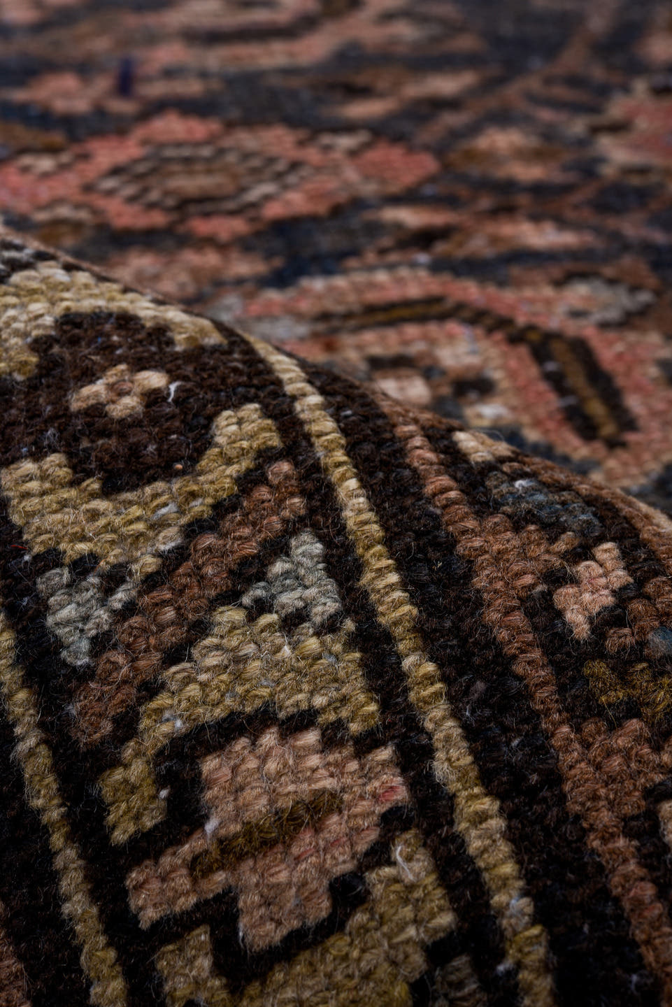 3' x 9' one-of-a-kind handmade antique Malayer runner rug. Color palette: navy, taupe, rose, camel, ivory, charcoal, brown