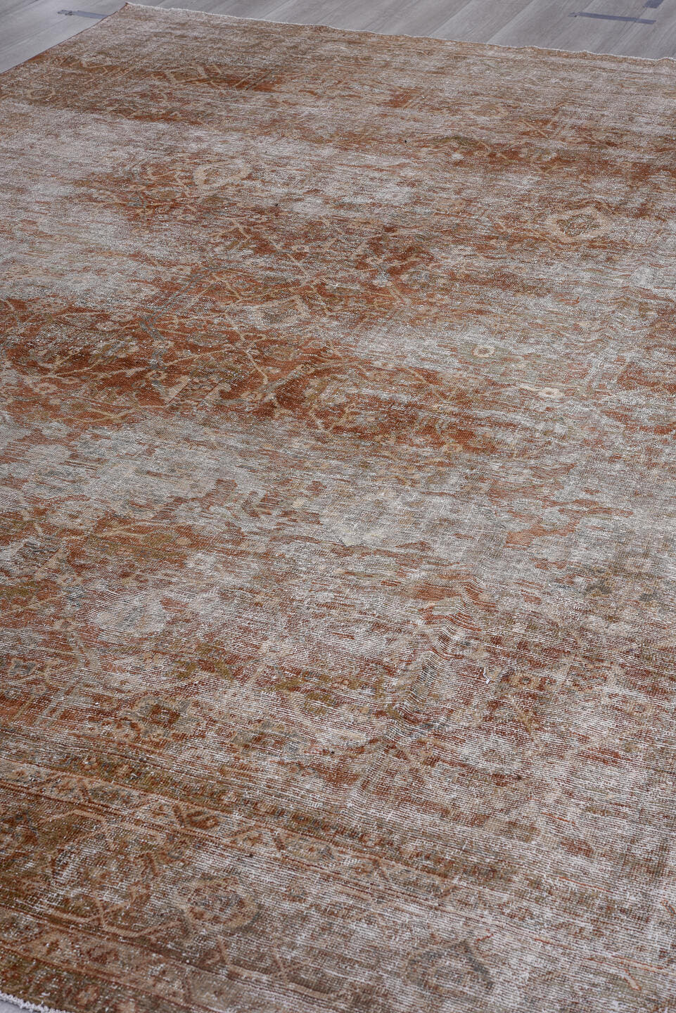 9' x 12' one-of-a-kind handmade antique Mahal large size rug. Color palette: ivory, rust, taupe, camel, terra cotta, beige